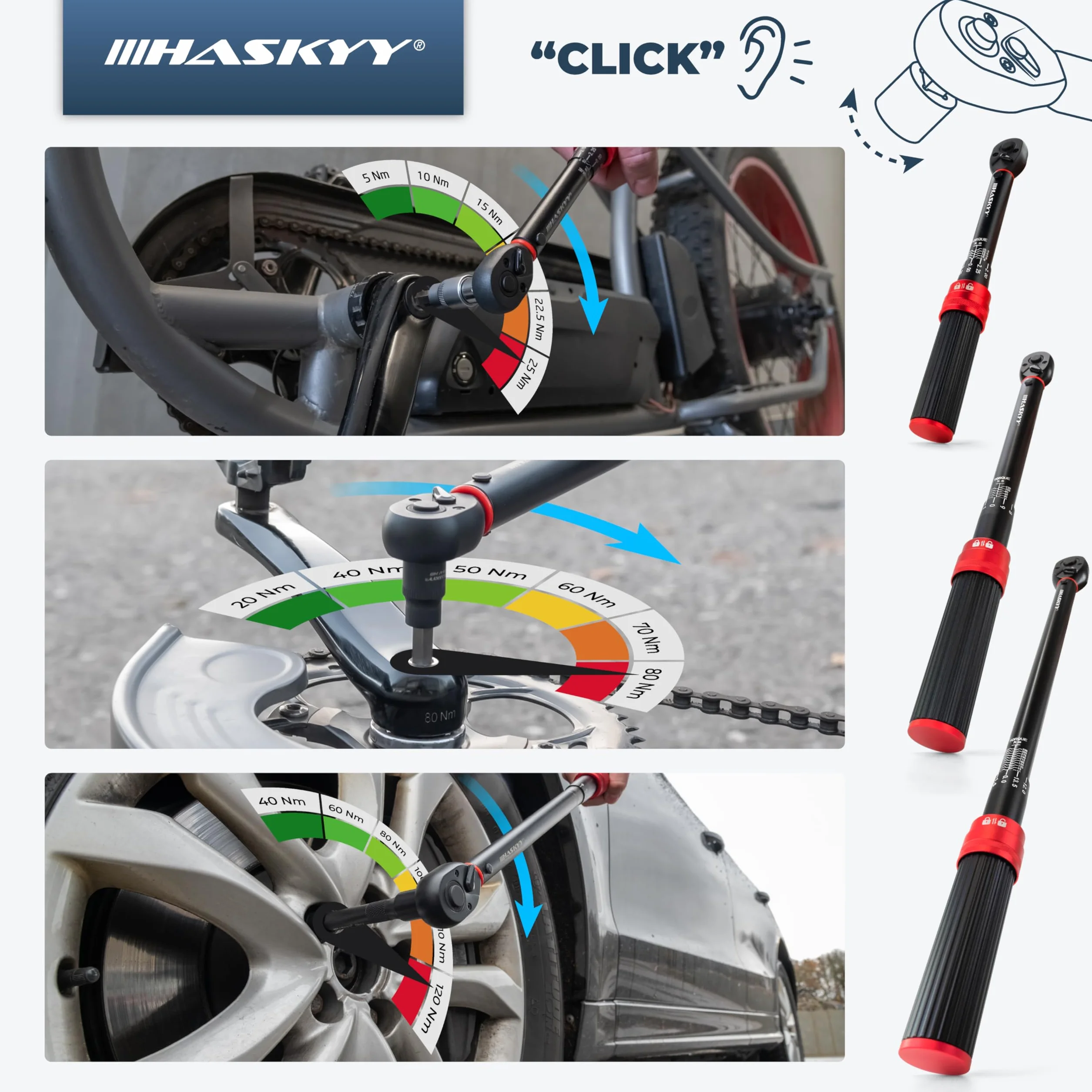 HASKYY Set di Chiave Dinamometrica da 1/4", 3/8", 1/2", 5-25 Nm, 20-120 Nm, 65-350 Nm, 3 pezzi, per bicicletta, moto, motore, auto, industria, coppia di cricchetto, chiave a cricchetto