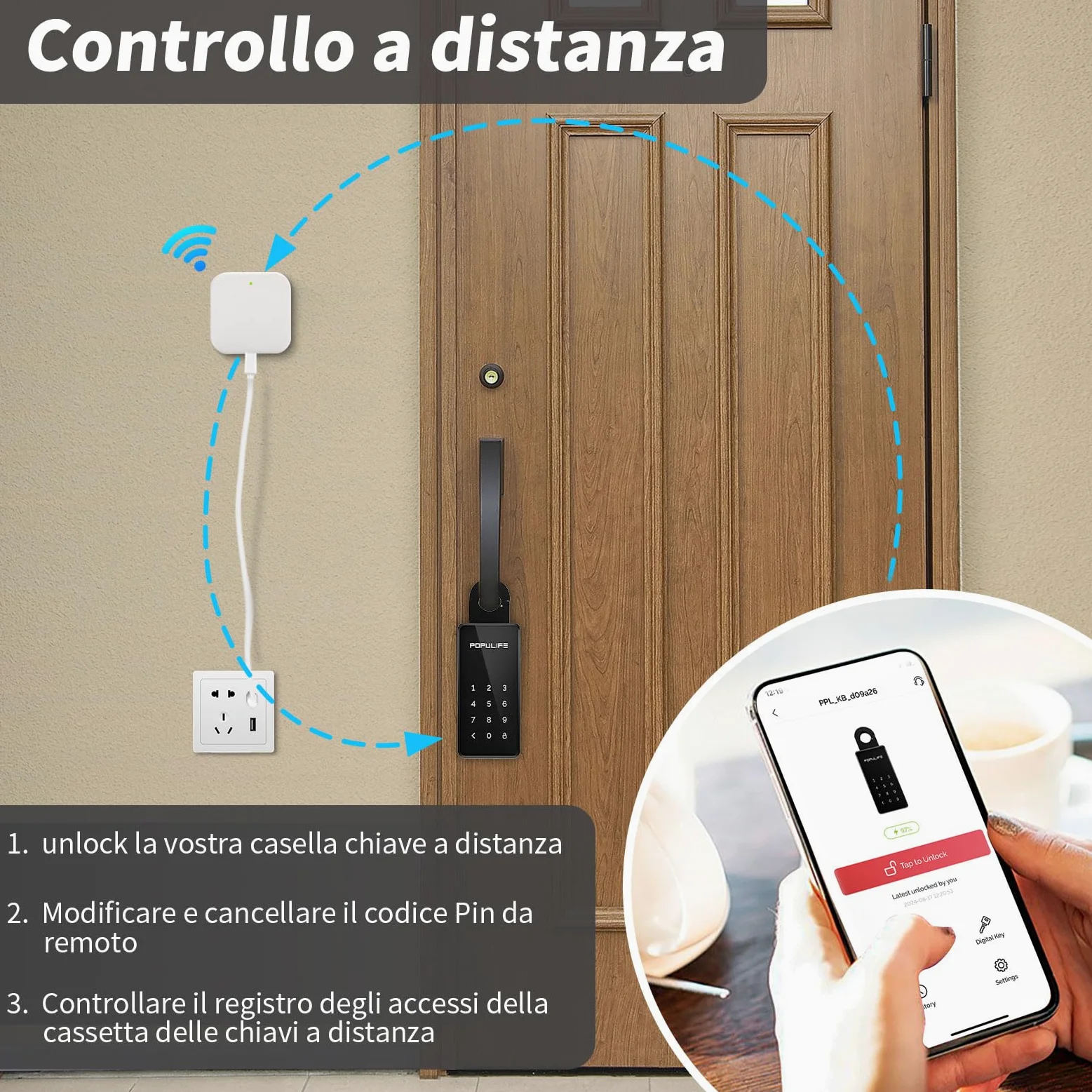Populife Cassetta Chiavi WiFi con Gateway, Smart Cassetta Chiavi con Codice, Cassa di Sicurezza per Esterni con Controllo Remoto Wireless, Montabile a Parete e su Maniglia Key Box, Impermeabile IP66