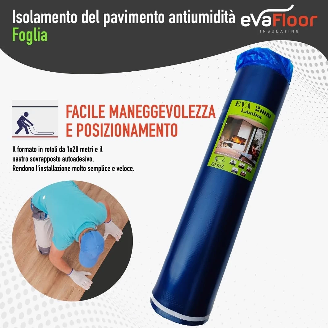 Pack 2 Sottopavimento per Laminato 1x20 metri | Sottofondo Isolante | Realizzato con Base in EVA 2mm + Strato Antiumidità | Include Adesivo