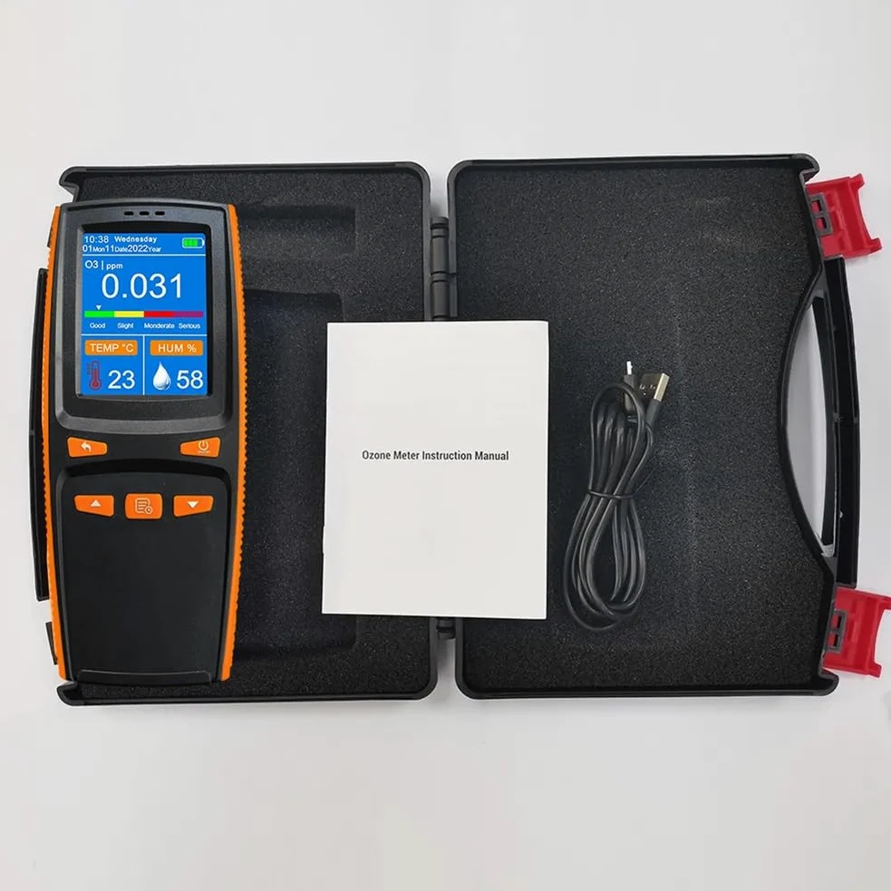 Rilevatore misuratore di ozono in tempo reale, analizzatore di ozono portatile con rilevamento di temperatura e umidità, misuratore di ozono con sensore intelligente portatile, schermo LCD da 2,8"