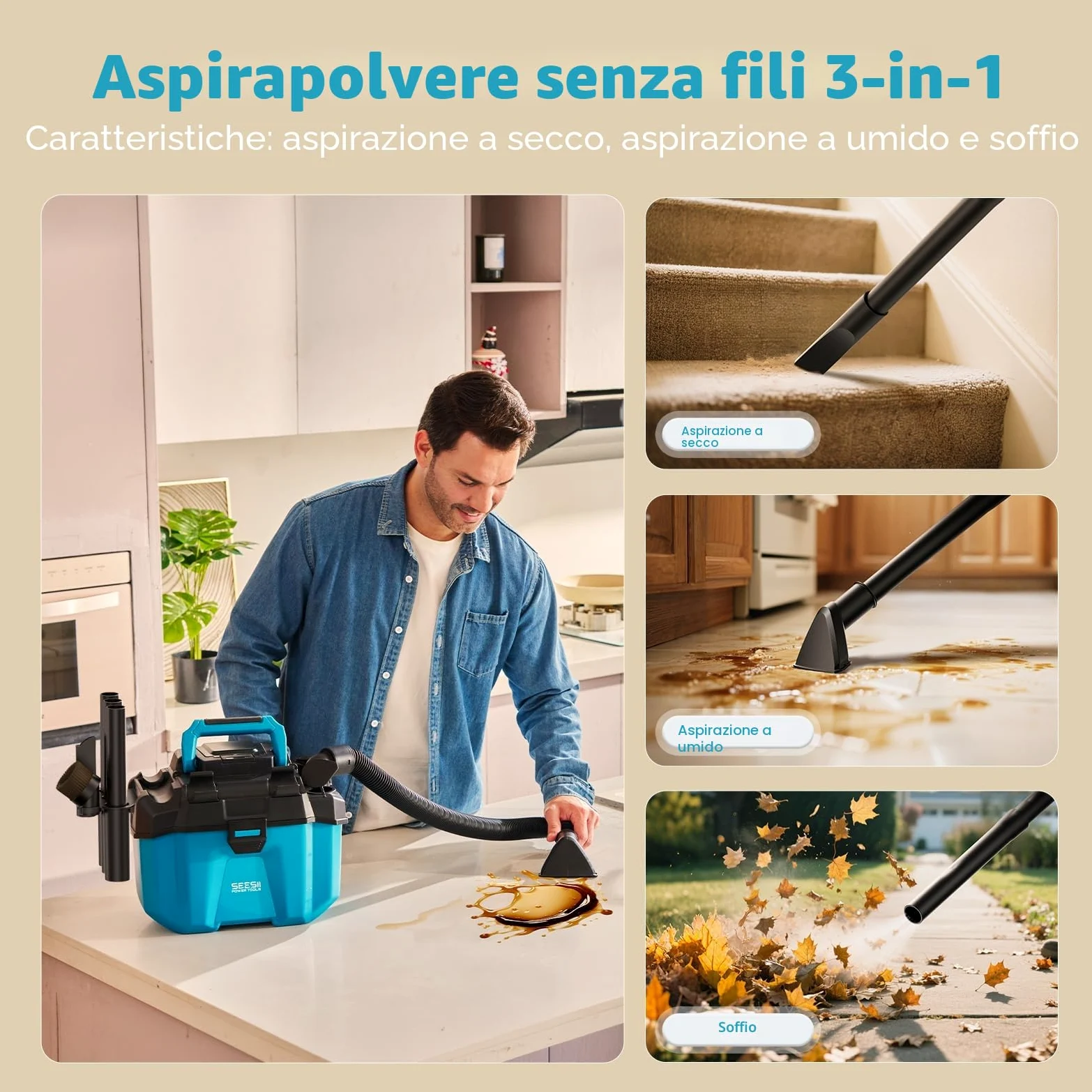 Seesii Aspiratutto Solidi e Liquidi, 2x4000mAh Batterie, 10L Aspirapolvere Bidone, 2 Velocità, Tracolla, 4 Ruote e Accessori, Ideale per Auto/Cantiere/Esterno/Casa (Blu)