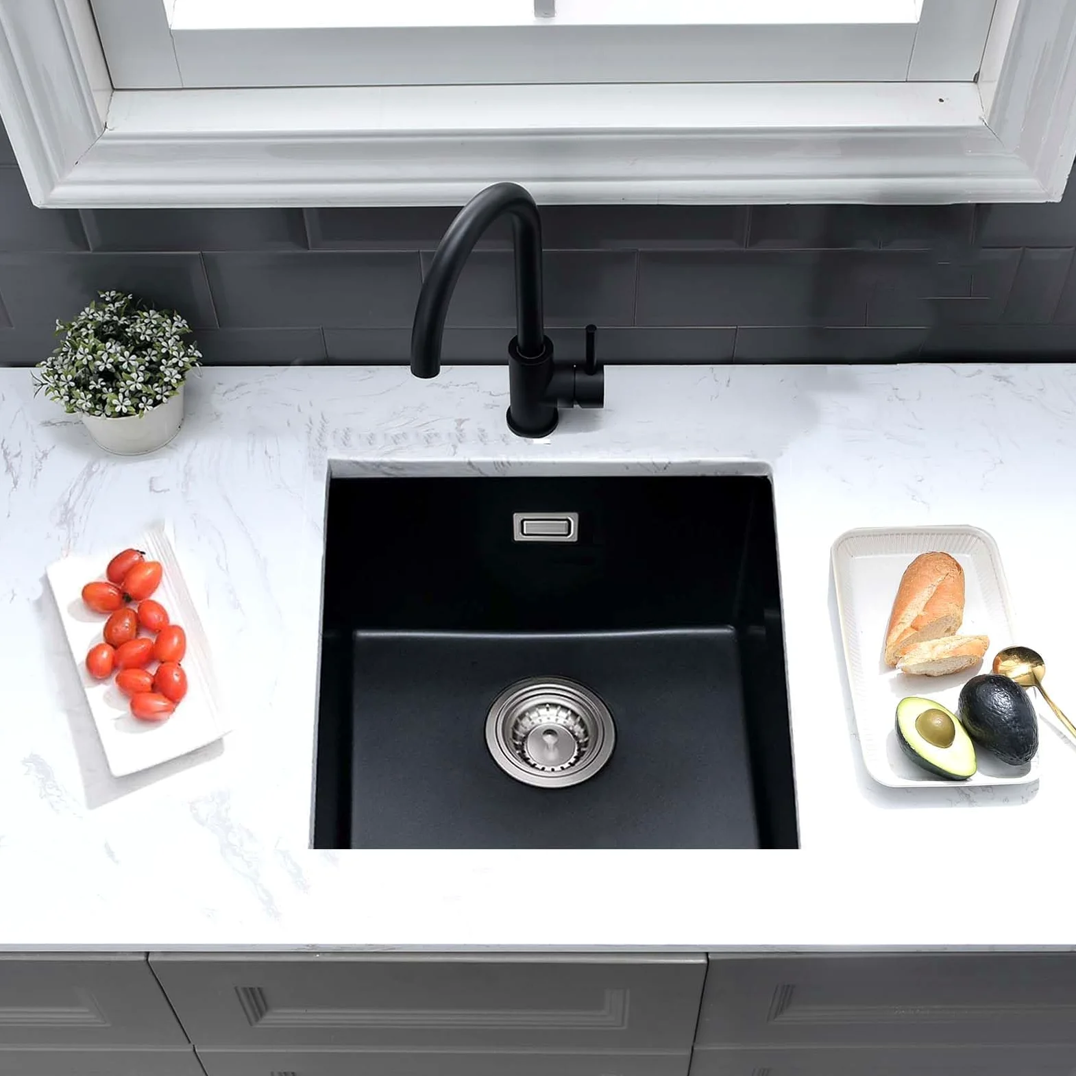 Lavello da Cucina 45 x 45 cm, Lavandino Cucina in Granito, iAnomla Nero Vasca Singola da incasso adatto per mobili sottolavello da 45 cm di larghezza, Lavabo Cucina Nero con Sifone, Moderno