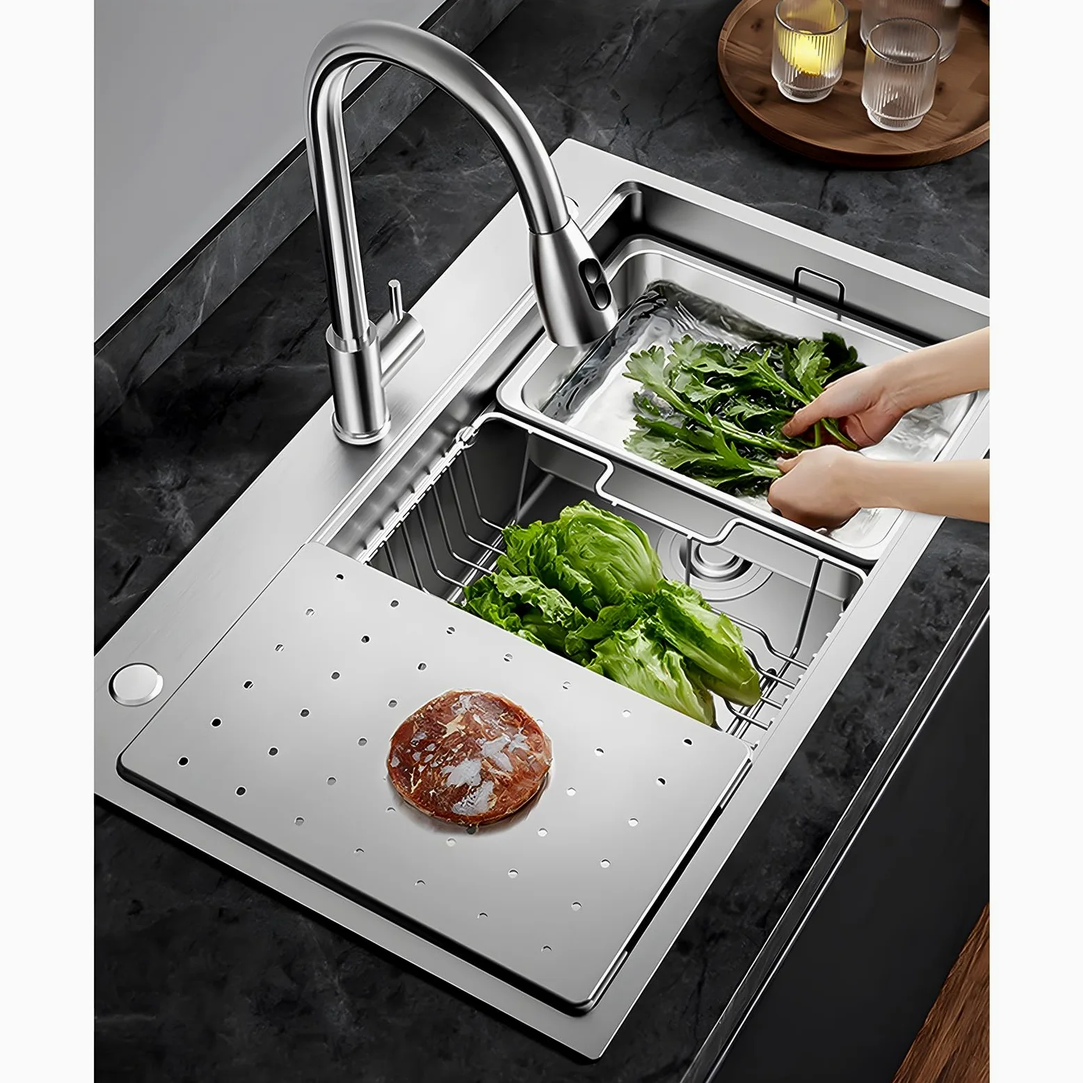 80x50cm Lavello Cucina In Acciaio Inox 304, Con Scolapiatti, Scheda Multifunzione, Filtro a Cestello, Sifone e Set Di Drenaggio, Uscita Di Scarico Destra, Da Incasso e Sottotop, 1 Vasca
