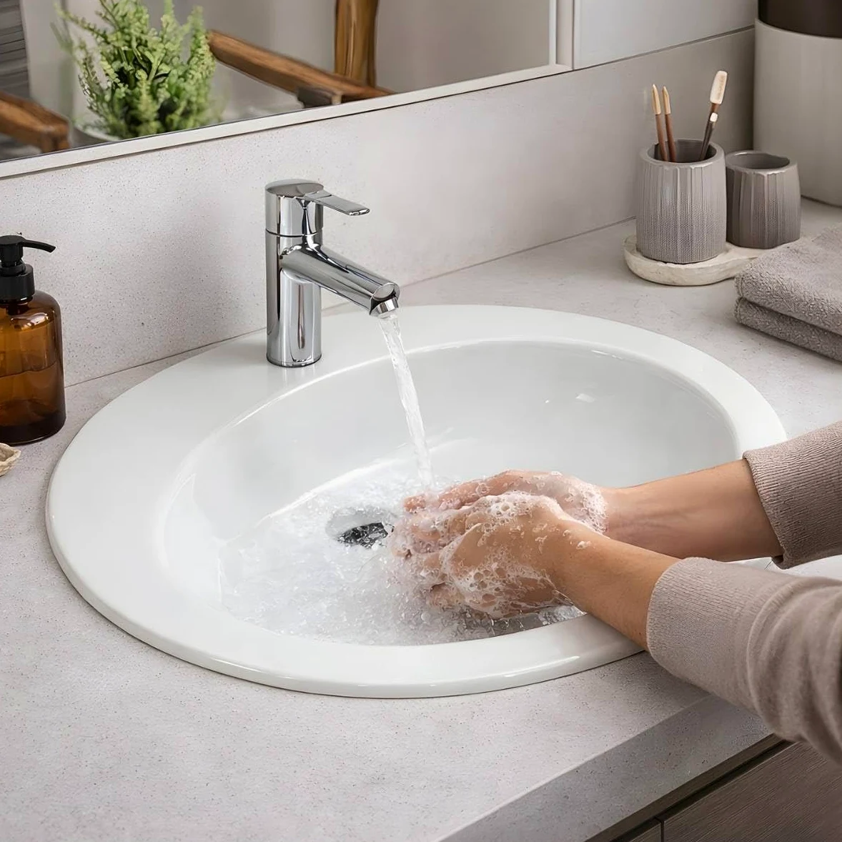 LAVABO Incasso TONDO Ceramica - Lavandino Soprapiano OVAL L. 62 x 52 cm Monoforo Pred. a 3 Fori