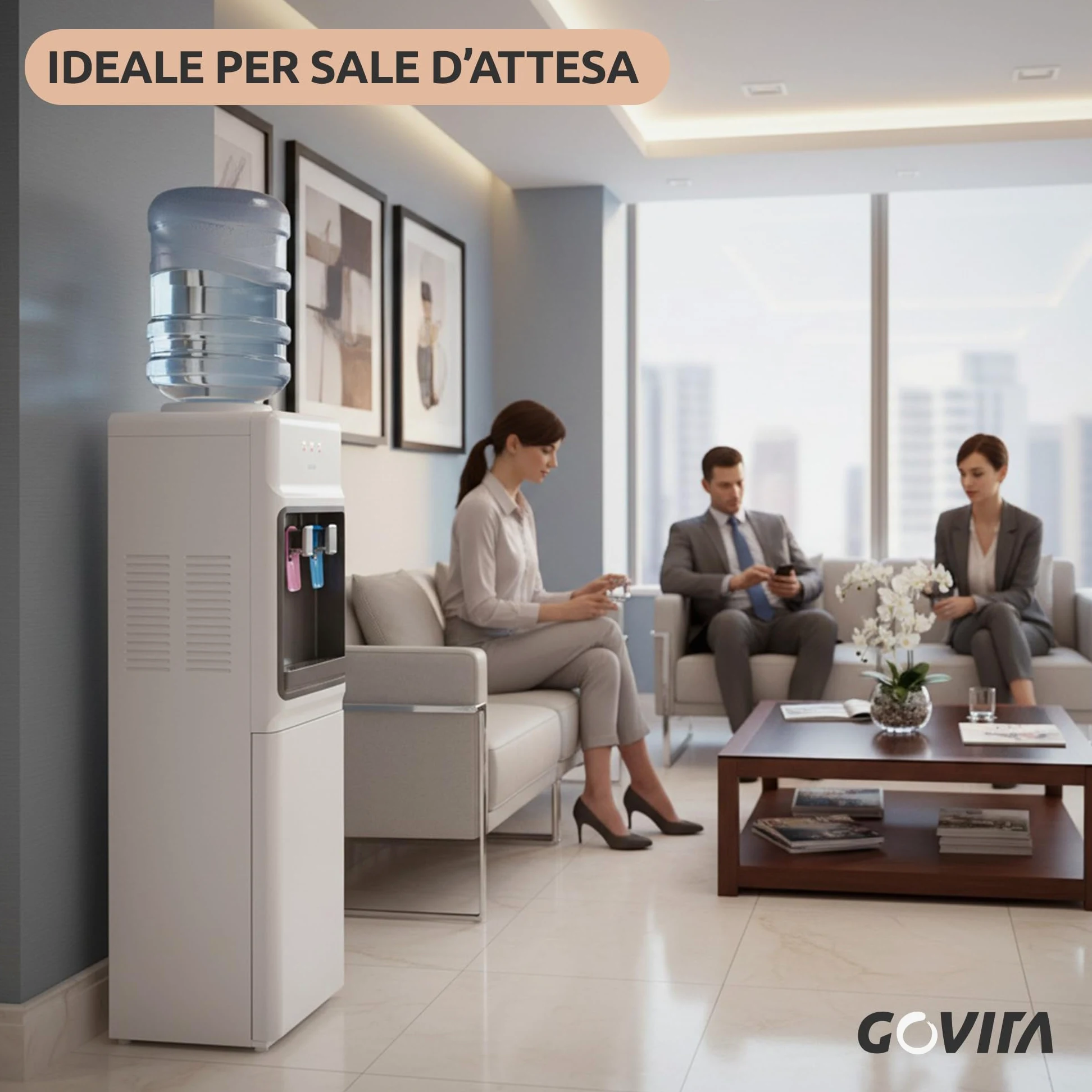 GOVITA - Dispenser Acqua a Colonnina a Boccione 18L – Erogatore Acqua Fredda Calda e Ambiente con Compressore – Distributore Acqua Refrigerata per Casa e Ufficio - con portabicchieri