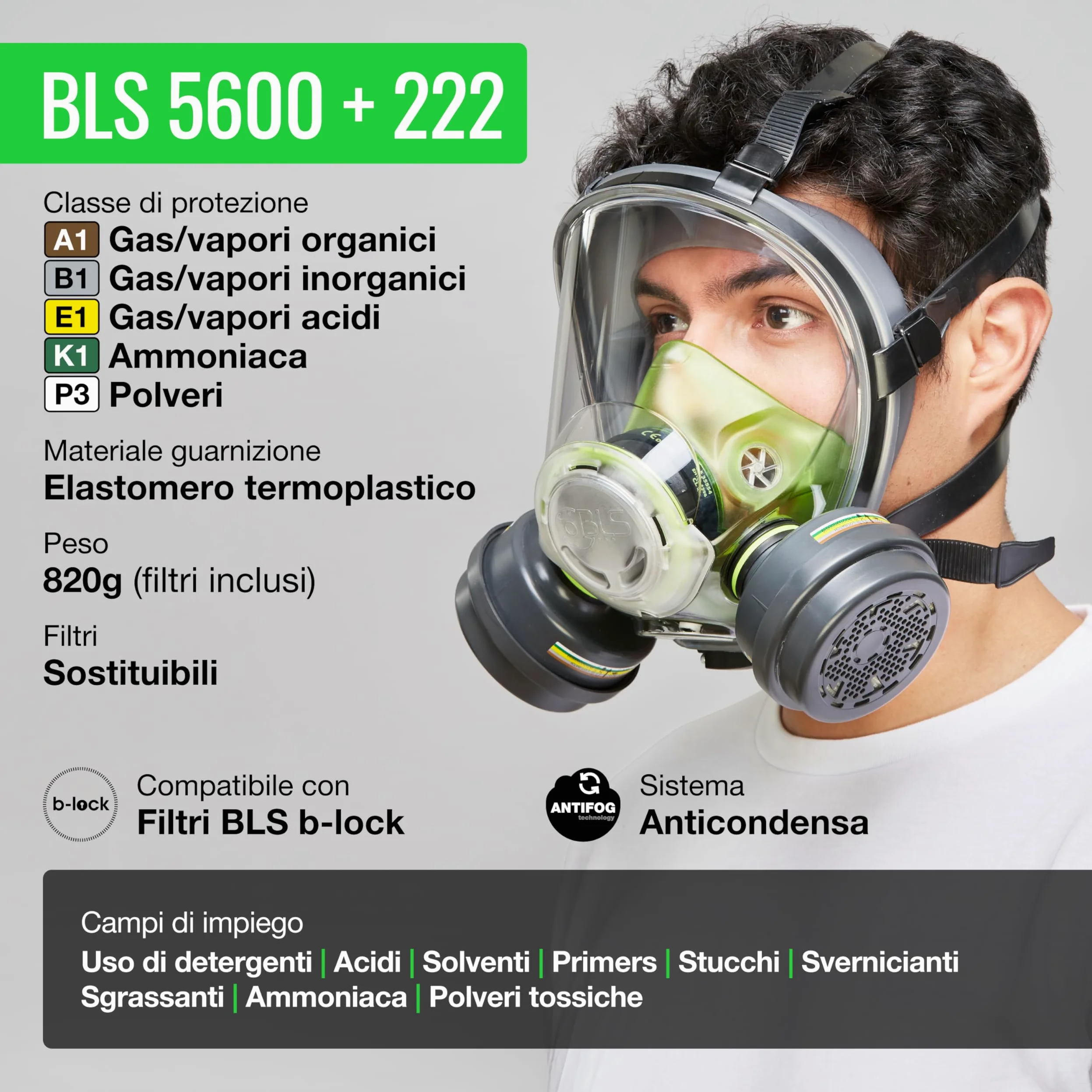BLS 5600 con filtri 222 ABEK1P3 R D Maschera Intera con Guarnizione in TPE e 2 Filtri Sostituibili 222 ABEK1P3 con Attacco a Baionetta b-lock. Per Gas/Vapori, Polveri Tossiche, Acidi e Ammoniaca