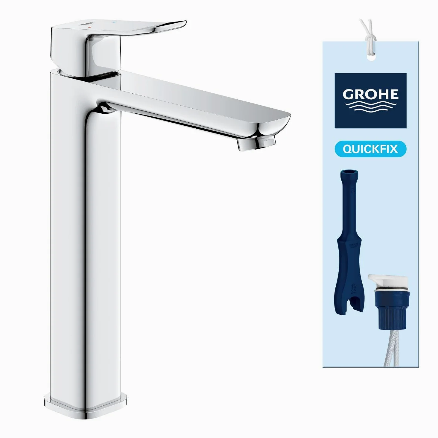 GROHE Dice Rubinetto miscelatore a corpo liscio per lavabo da appoggio (XL-Size 270 mm, cartuccia ceramica 28 mm, risparmio idrico, facile da installare), cromo, 1018920000