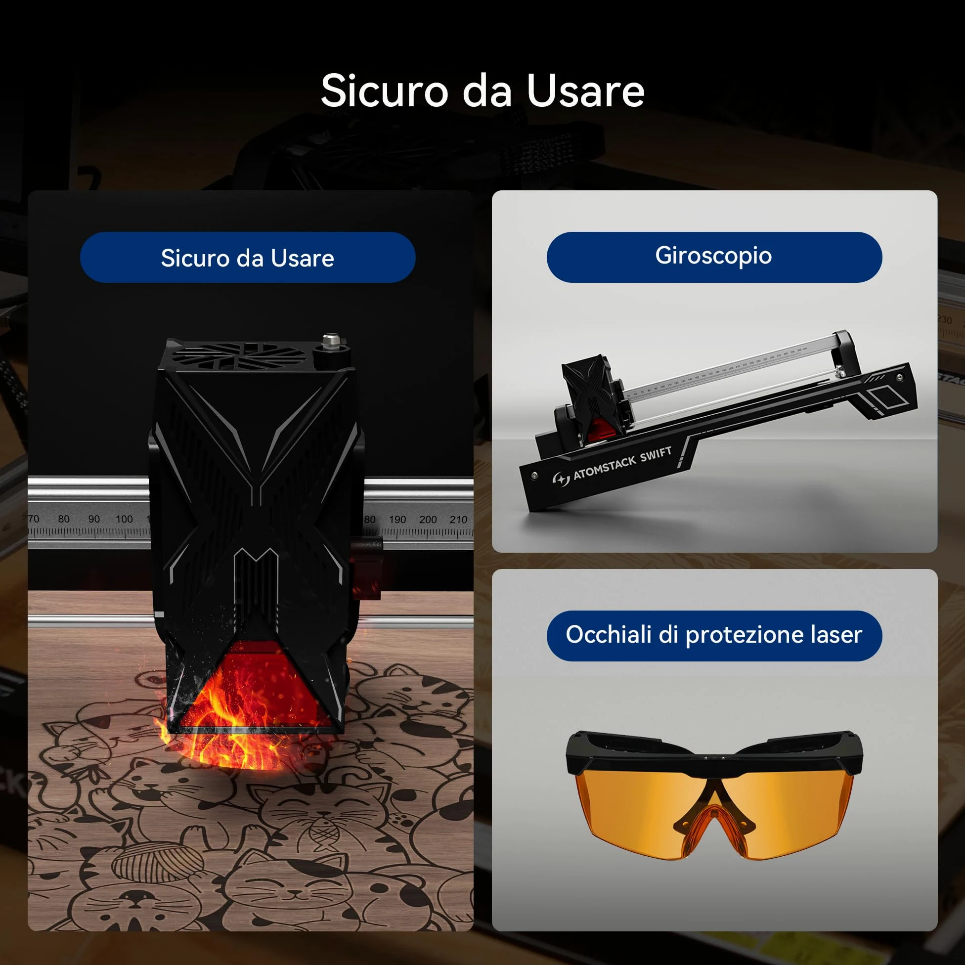 ATOMSTACK Macchina per incisione laser, taglierina laser, taglierina laser ad alta precisione 0,01 mm superficie di incisione 300 × 300 mm (Swift-7W Nero)