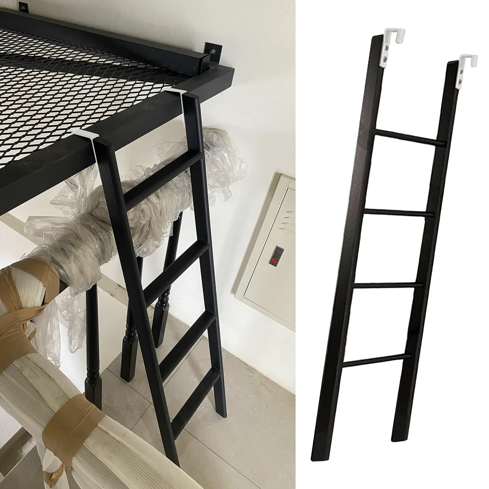 Scala a pioli per Letto a Castello sostituibile da Pavimento, 116/130/140/150/160 cm, Solo Scala per Letto Singolo Corto, scaletta in Metallo Nero per soppalco, dormitorio (116 cm