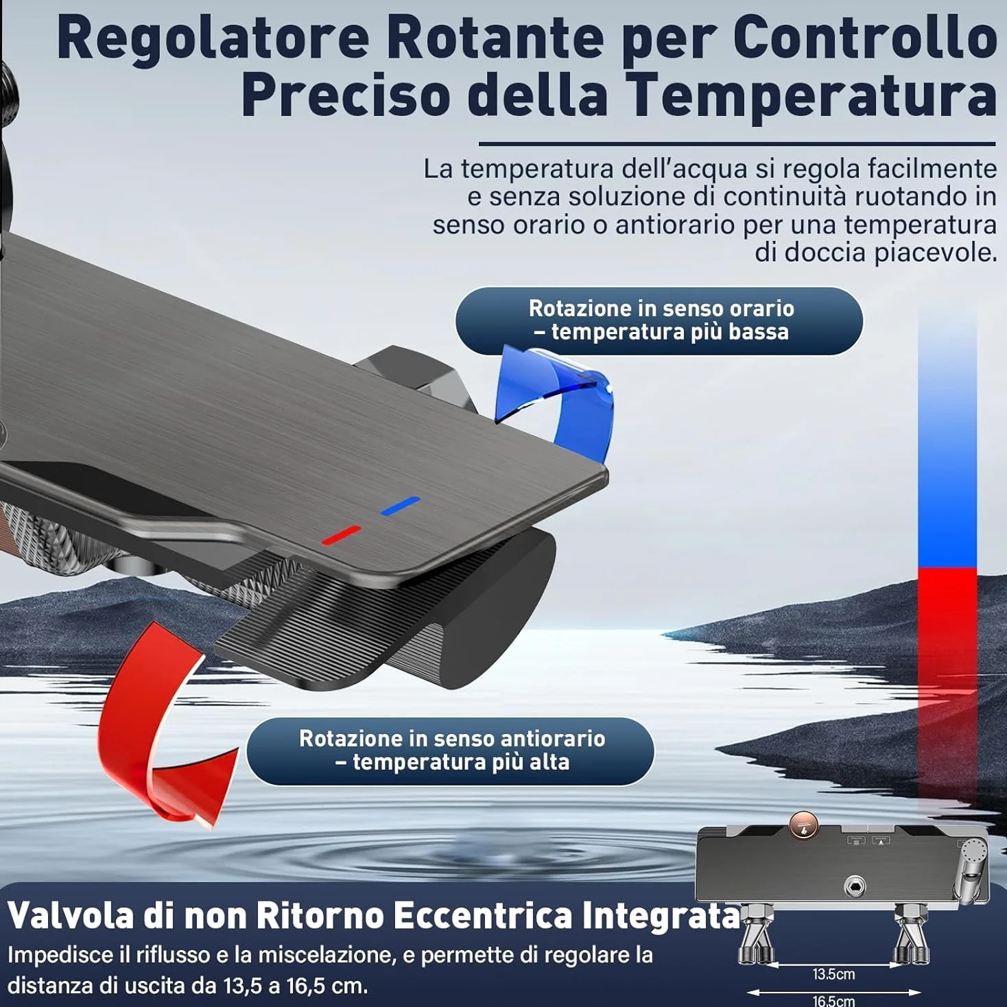 Colonna Doccia con Miscelatore, Set Doccia Soffione e Doccetta a Man, Pannello Comando Piano 4 Funzioni, Asta Saliscendi Altezza Regolabile, Corpo in Ottone Massiccio e Vetro Temperato-Grigio