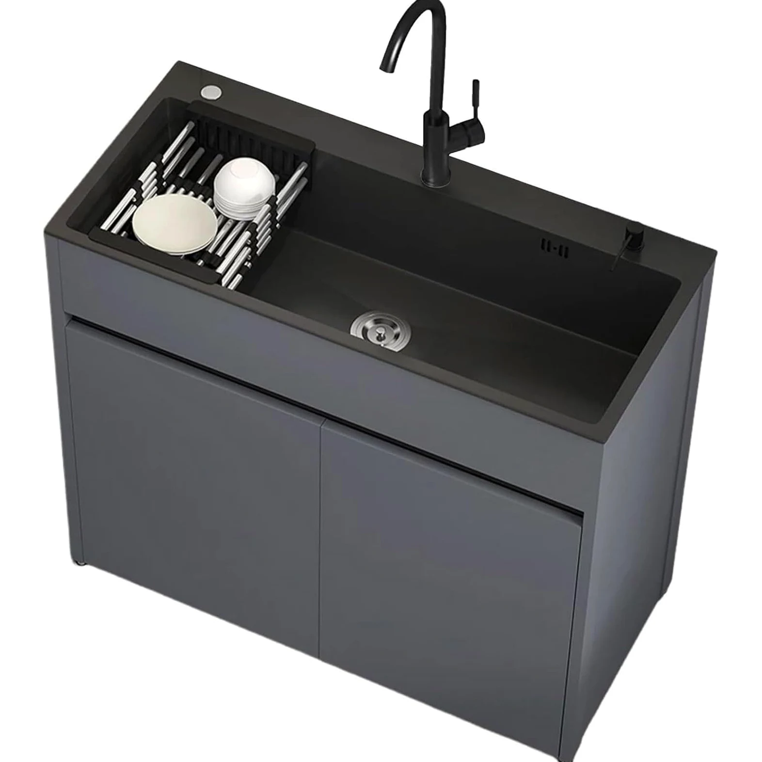Lavello da Esterno Autoportante con Mobile per Giardino e Officina, lavabo in acciaio inox nero, corpo in alluminio alveolare con piedini regolabili, miscelatore caldo/freddo e kit di scarico inclusi