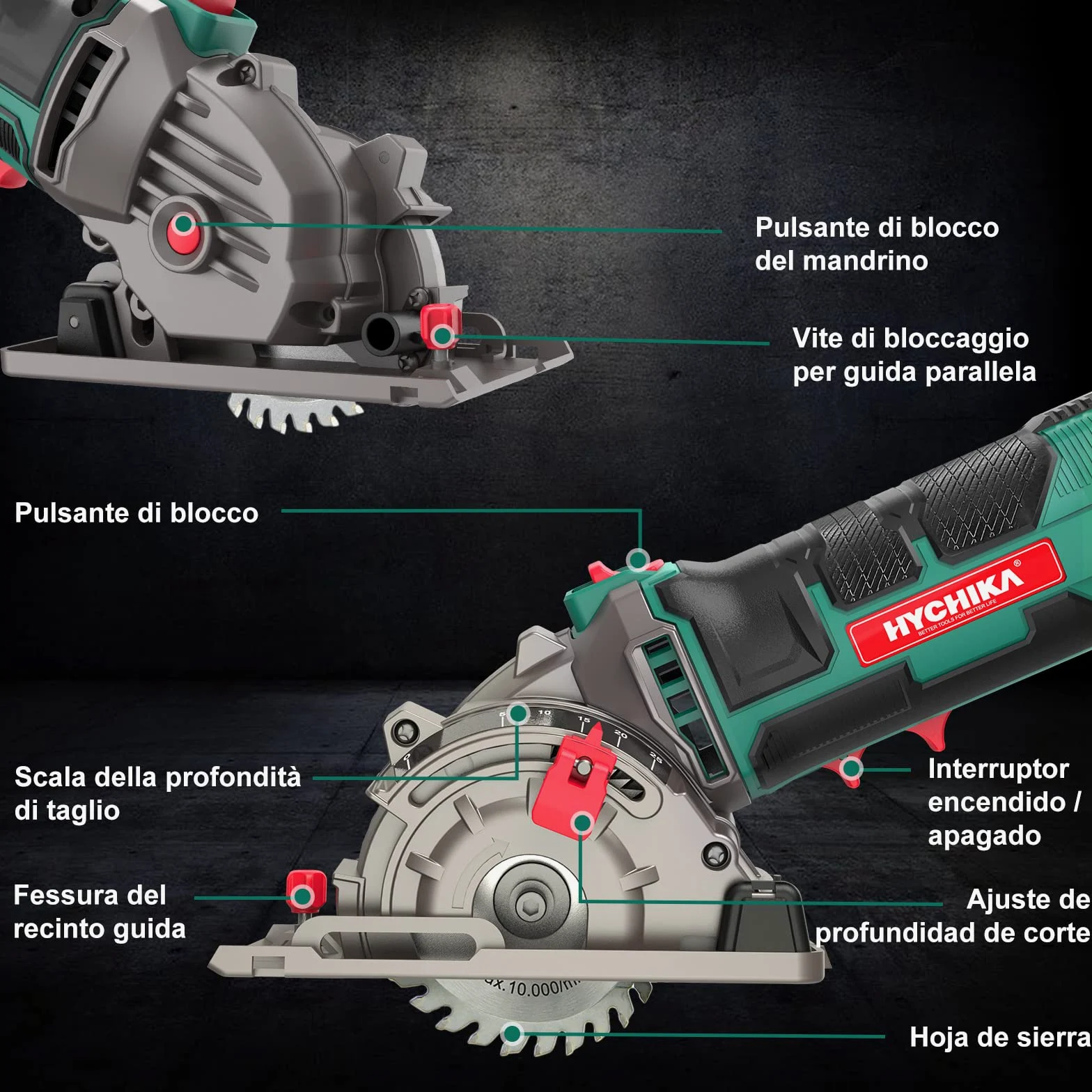 HYCHIKA Sega Circolare, 500W Mini Seghe Circolare 4500RPM, Profondità di Taglio: 0-25mm,Tubo per Aspirapolvere, 3x Lame adatto per Legno, Plastica, Metallo Morbido