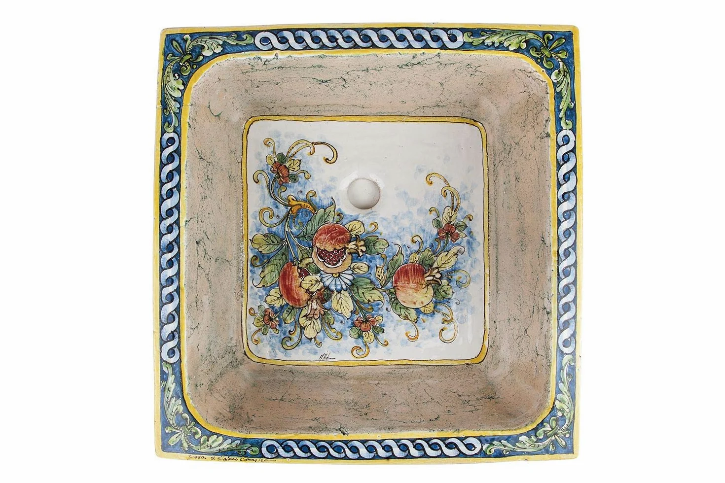 Lavabo ceramica siciliana Terra - Lavello da cucina quadrato da incasso, Un Lavabo da cucina colorato fatto a mano da cucina | Lavello da cucina in ceramica siciliana dall'Italia 42 x 42 cm