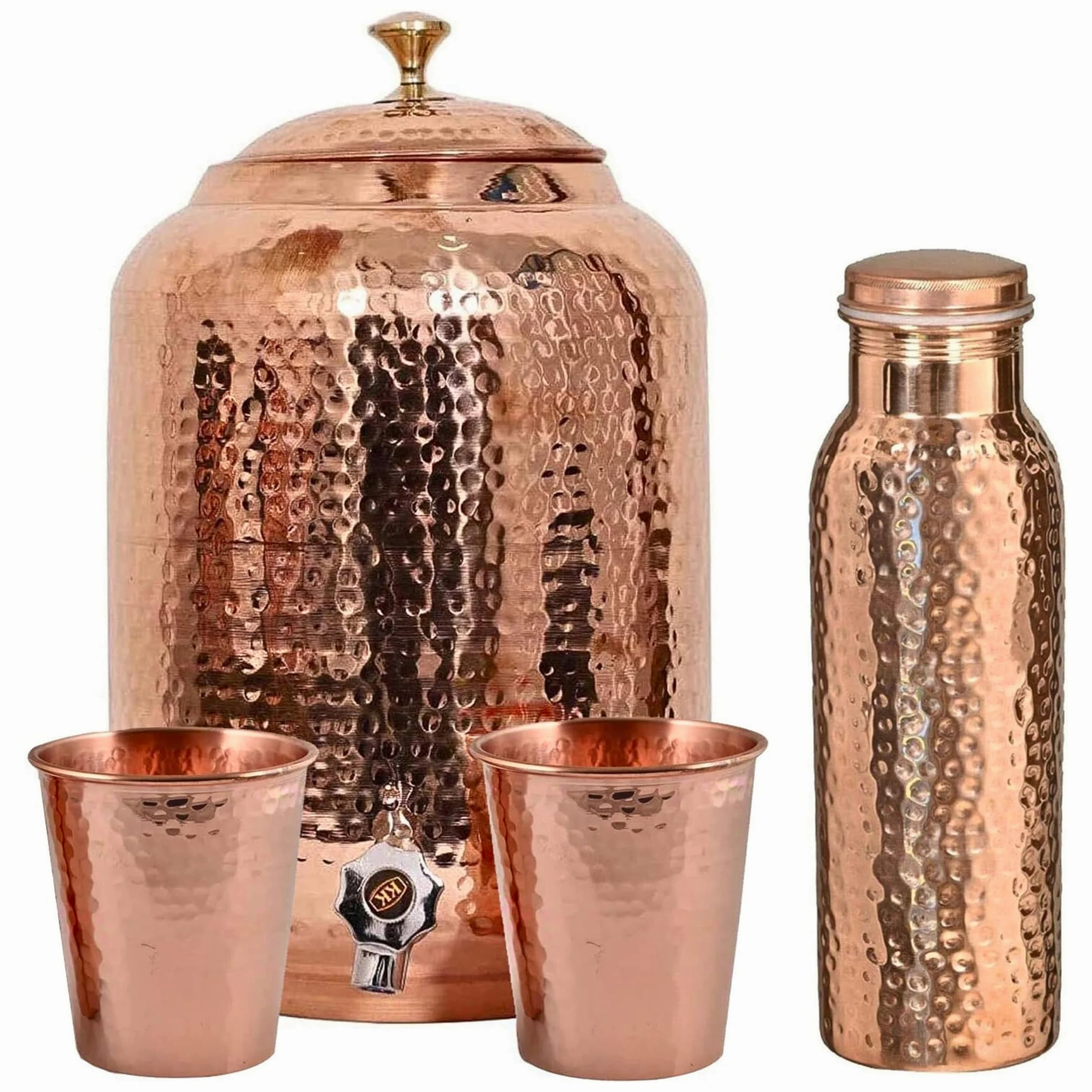 Dispenser d'acqua in rame puro, capacità 8 l, finitura martellata, benefici per la salute ayurvedica, include 2 bicchieri abbinati e 1 bottiglia di rame, bicchieri artigianali per guarigione e