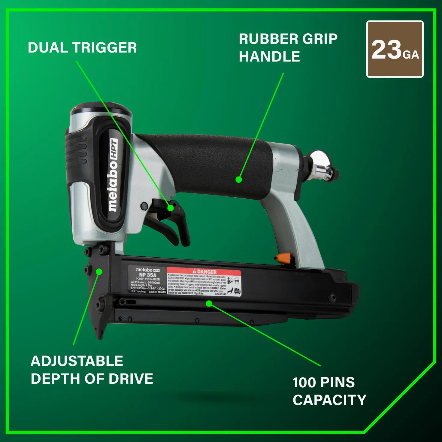 Metabo HPT Kit chiodatrice a spillo, calibro 23, chiodi da 5/8" a 1-3/8", senza punta mar, 2, regolazione della profondità, garanzia 5 anni (NP35A)