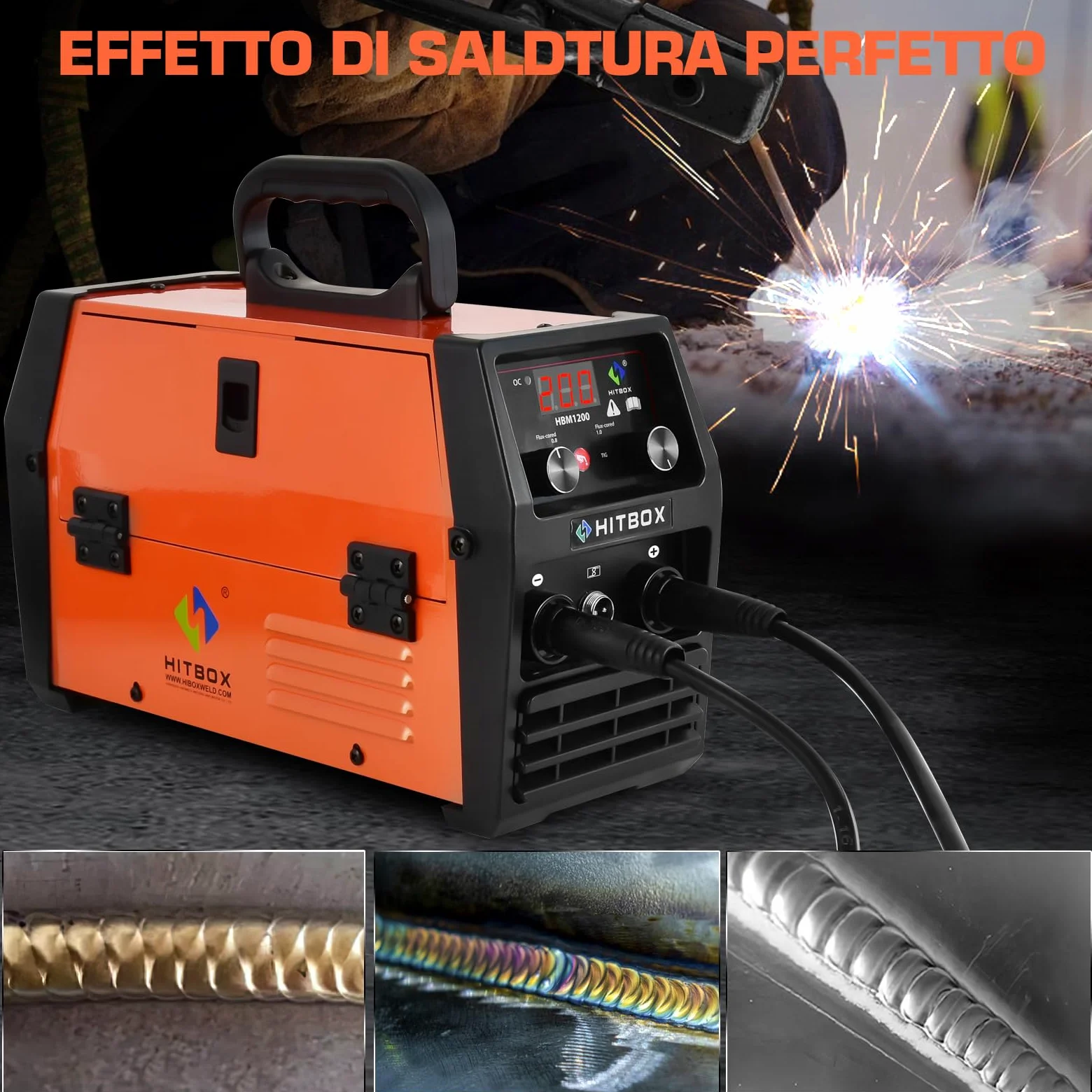 HITBOX Saldatrice a Filo Continuo 200A, 3-in-1 Saldatrice MIG/ARC/LIFT TIG, Inverter Portatile 230V IGBT con Torcia e Filo Ø0,8mm, Ideale per Principianti (HBM1200)