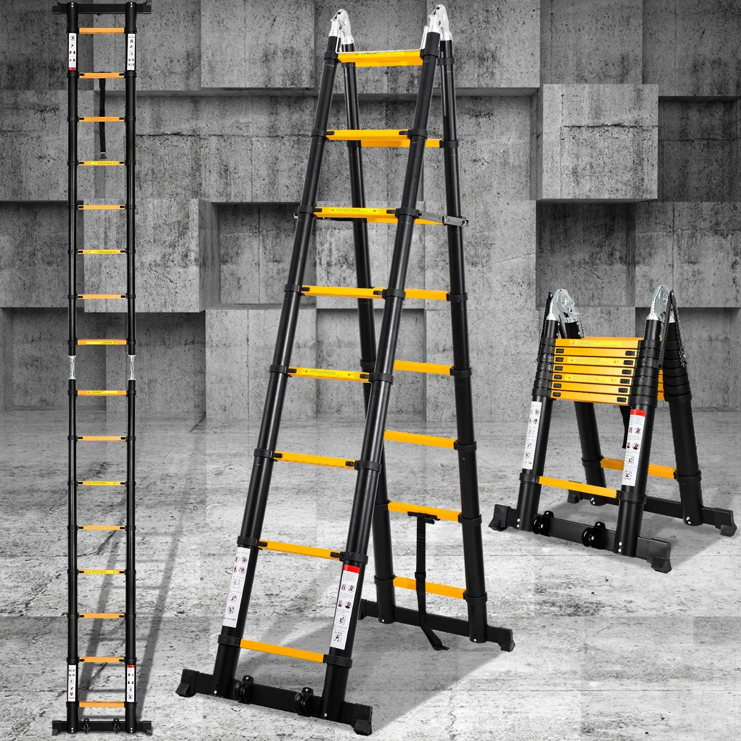 Eulenke Scala telescopica in alluminio 5 m / 2,5m + 2,5m, scala pieghevole con bilanciere e ruote, scala retrattile portata 150 kg, scala pieghevole salvaspazio, antiscivolo, nero e giallo