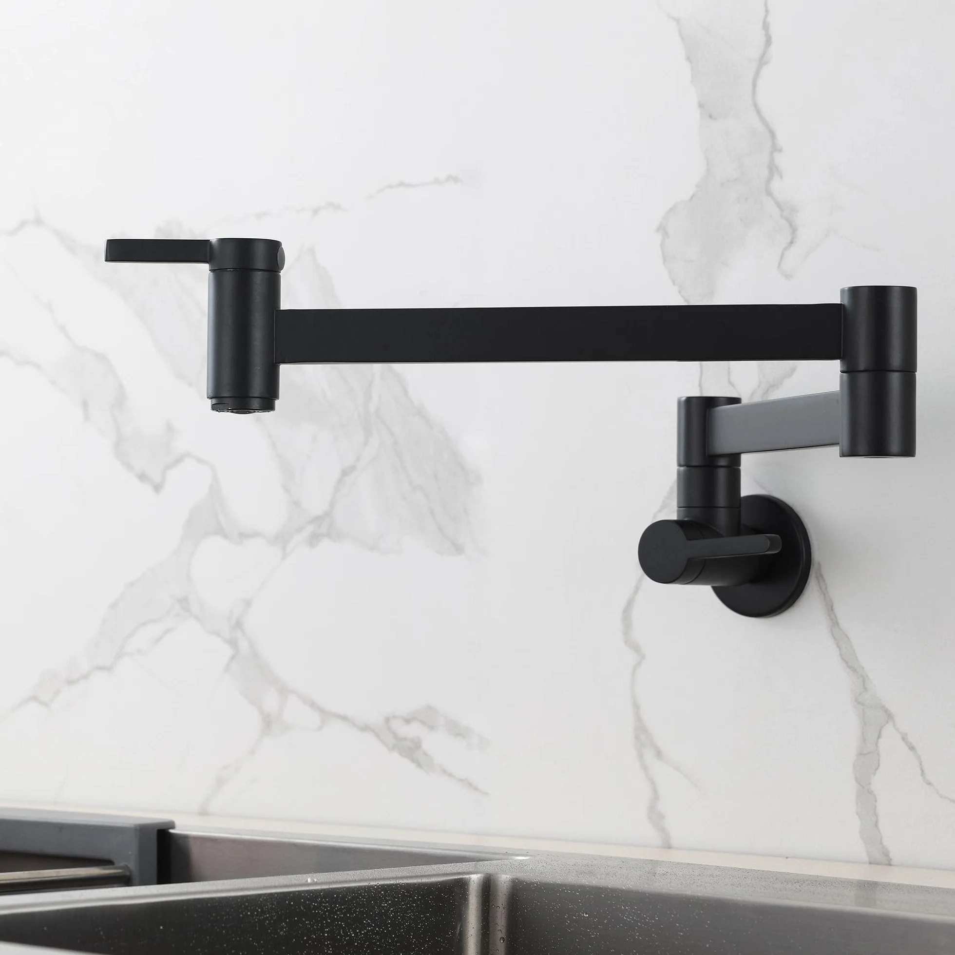 HomeLava Rubinetto a muro in ottone, Rubinetto da cucina nero a parete, Rubinetto riempitore per pentola, Pieghevole, Allungabile, Doppio snodo, 2 maniglie (nero)