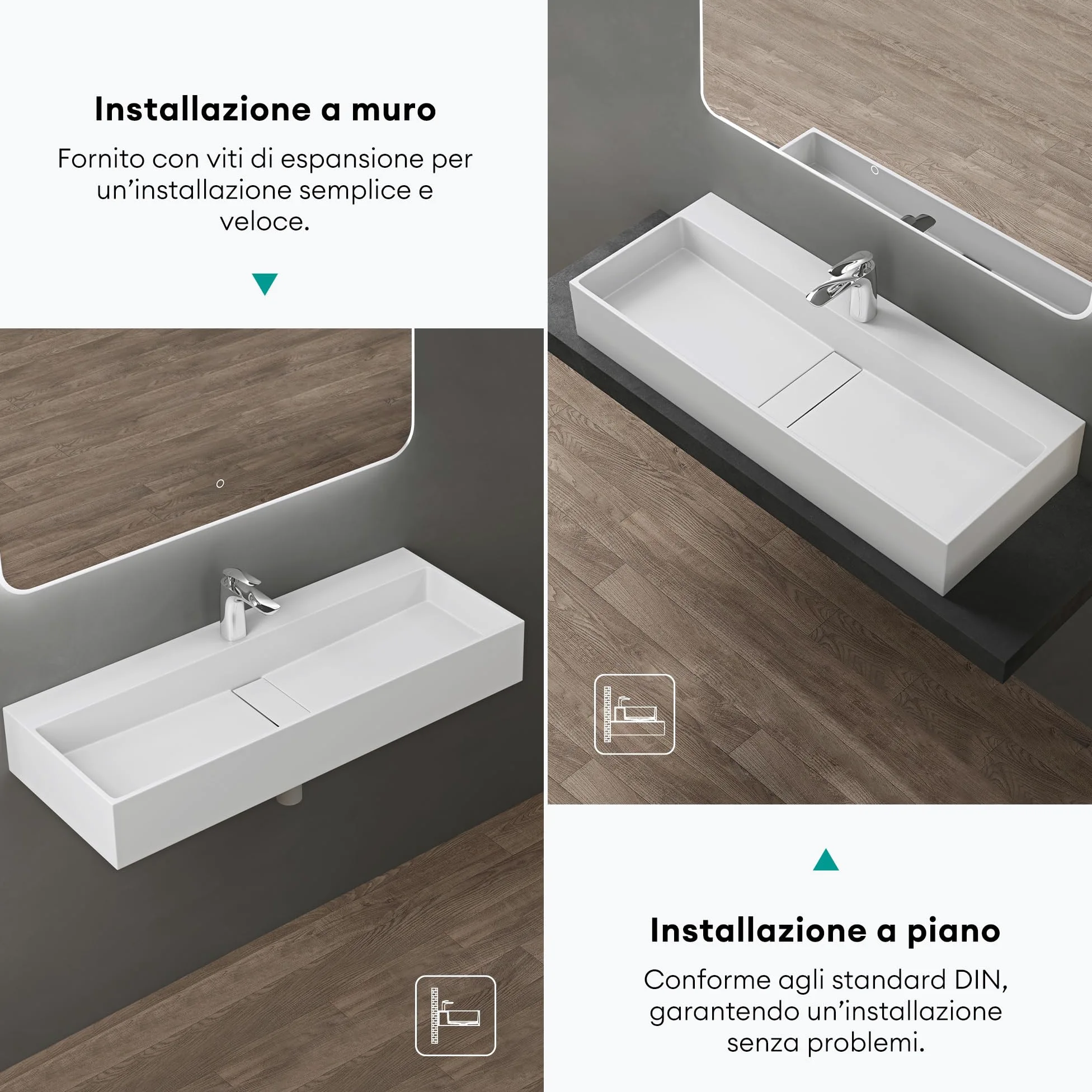 doporro Lavabo Bagno Sospeso Rettangolare Lavabo da Appoggio con Foro Rubinetto 80 x 40 x 14 cm Bianco Opaco Lavandino in Resina Minerale Ideale per Casa Ristorante e Hotel Design Colossum6028