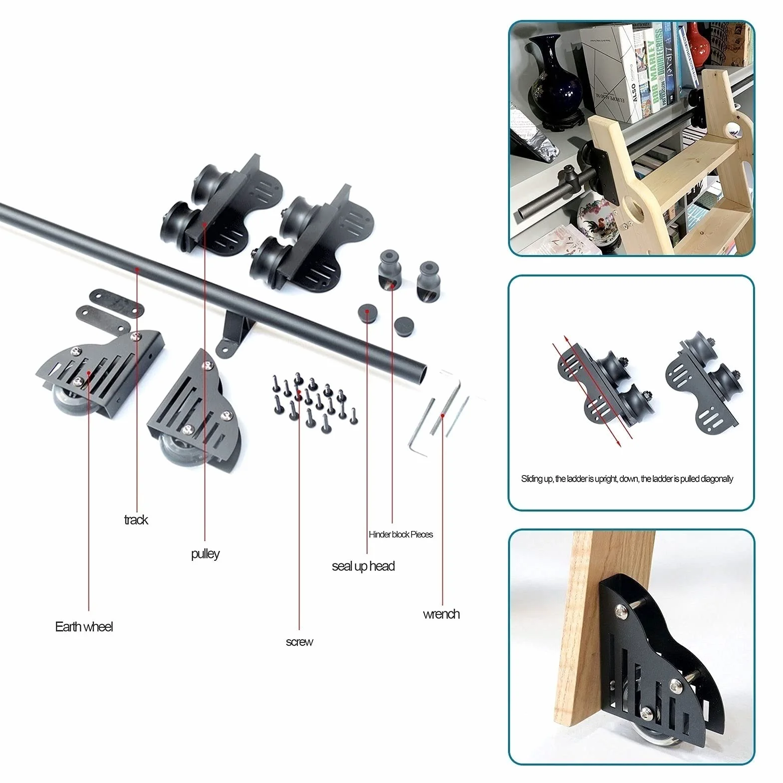 Kit Hardware per Scala Scorrevole per libreria Retrattile in Acciaio per casa/Ufficio/Biblioteca, Kit di Pista Scorrevole con Rullo da Pavimento