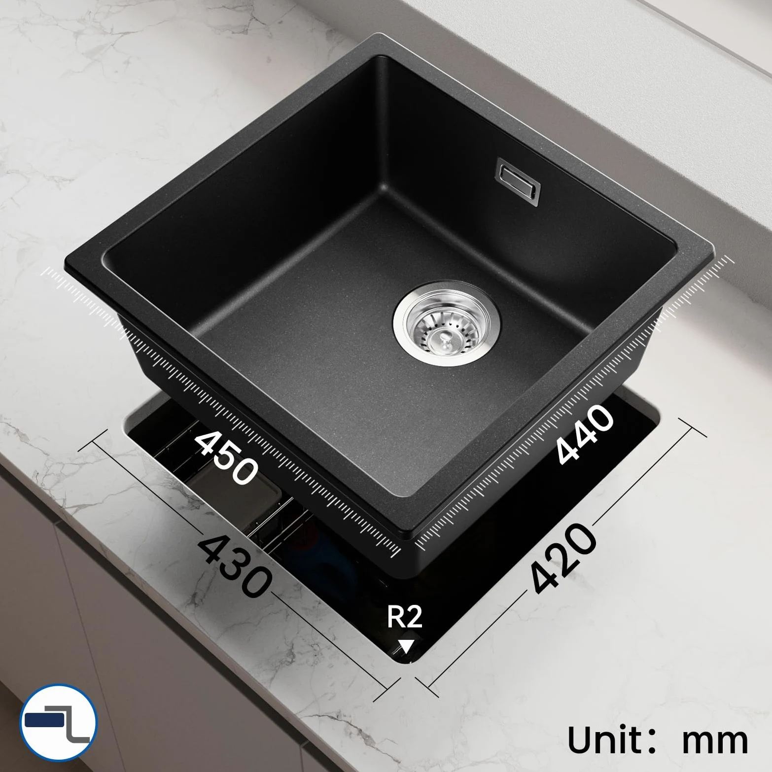 Auralum Lavandino Cucina 45 x 44 cm, Lavello Cucina 1 Vasca, Lavabo Nero in Granito con Sifone Classico e troppopieno, Adatto a Mobili Oltre 45cm