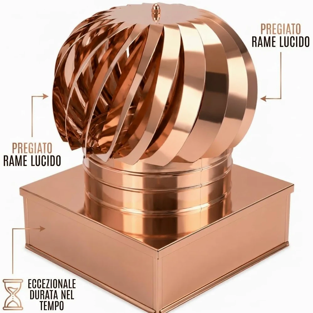 MAKA Comignolo Eolico Quadro Aspirante, Cappello Eolico per Aerazione ed Espulsione Aria, Terminale Girevole in Acciaio, Aspiratore Eolico Base Quadra (Rame, 370x370 mm)
