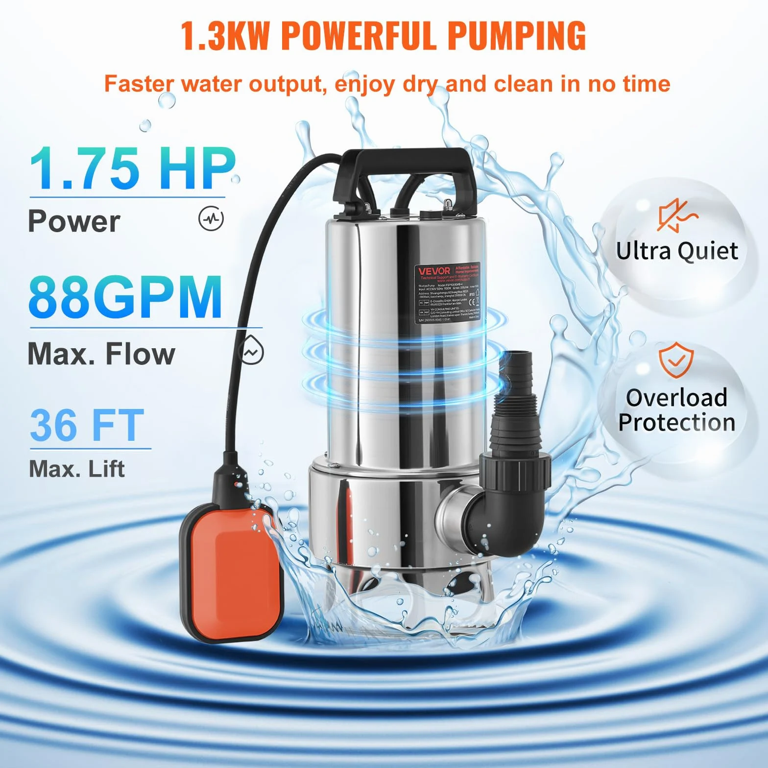 VEVOR Pompa Sommersa Elettrica da Drenaggio per Acque Sporche 1300W da Giardino Laghi Pozzo, Elettropompa a Immersione per Drenaggio di Acque Sporche Nere Scure 10A 1300W per Piscina Giardino Pozzetto