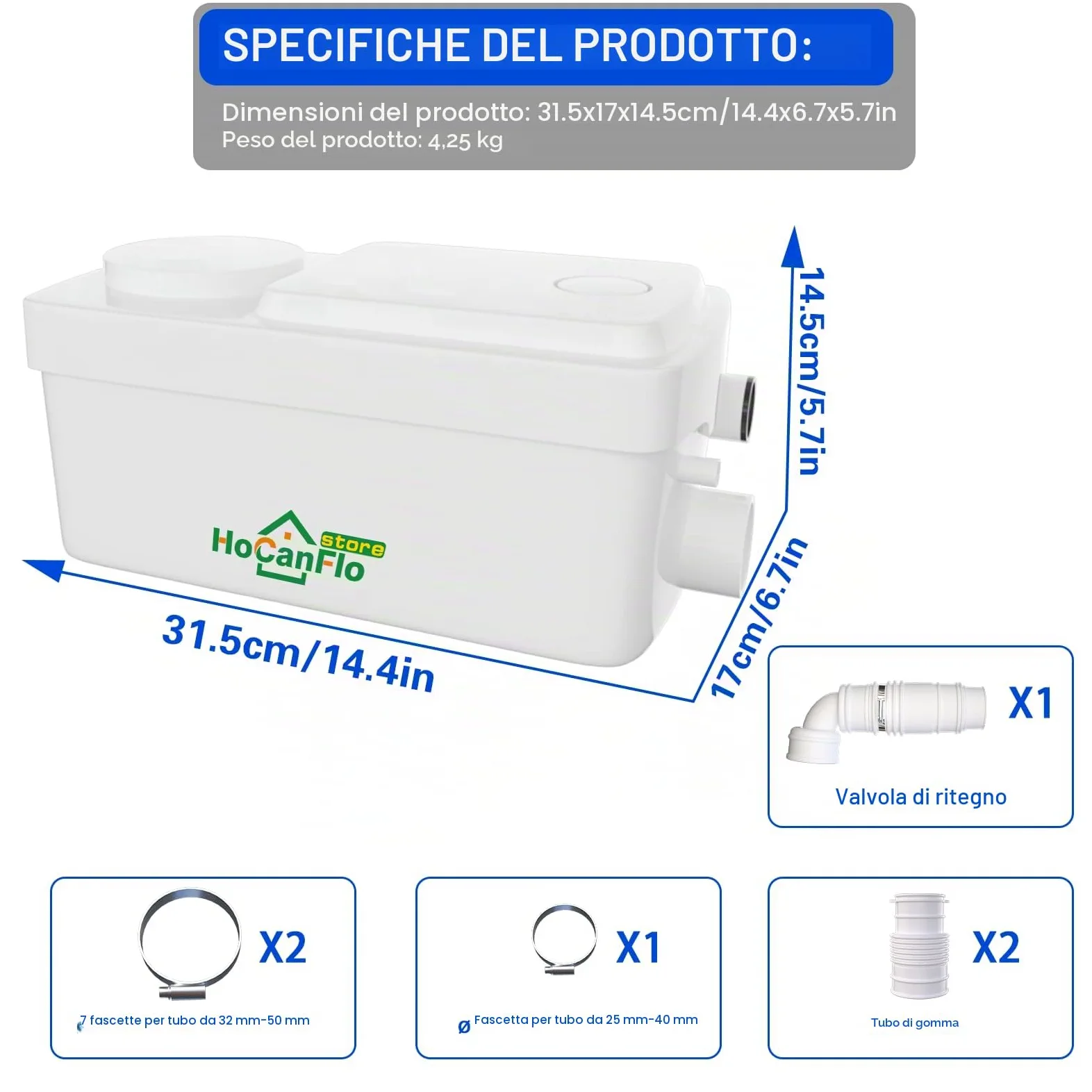 300W Grinder Sanitario Pompa per rifiuti silenziosa, Pompa di sollevamento Doccia dotata di due ingressi, Pompe per fognature FLO-300 Pro