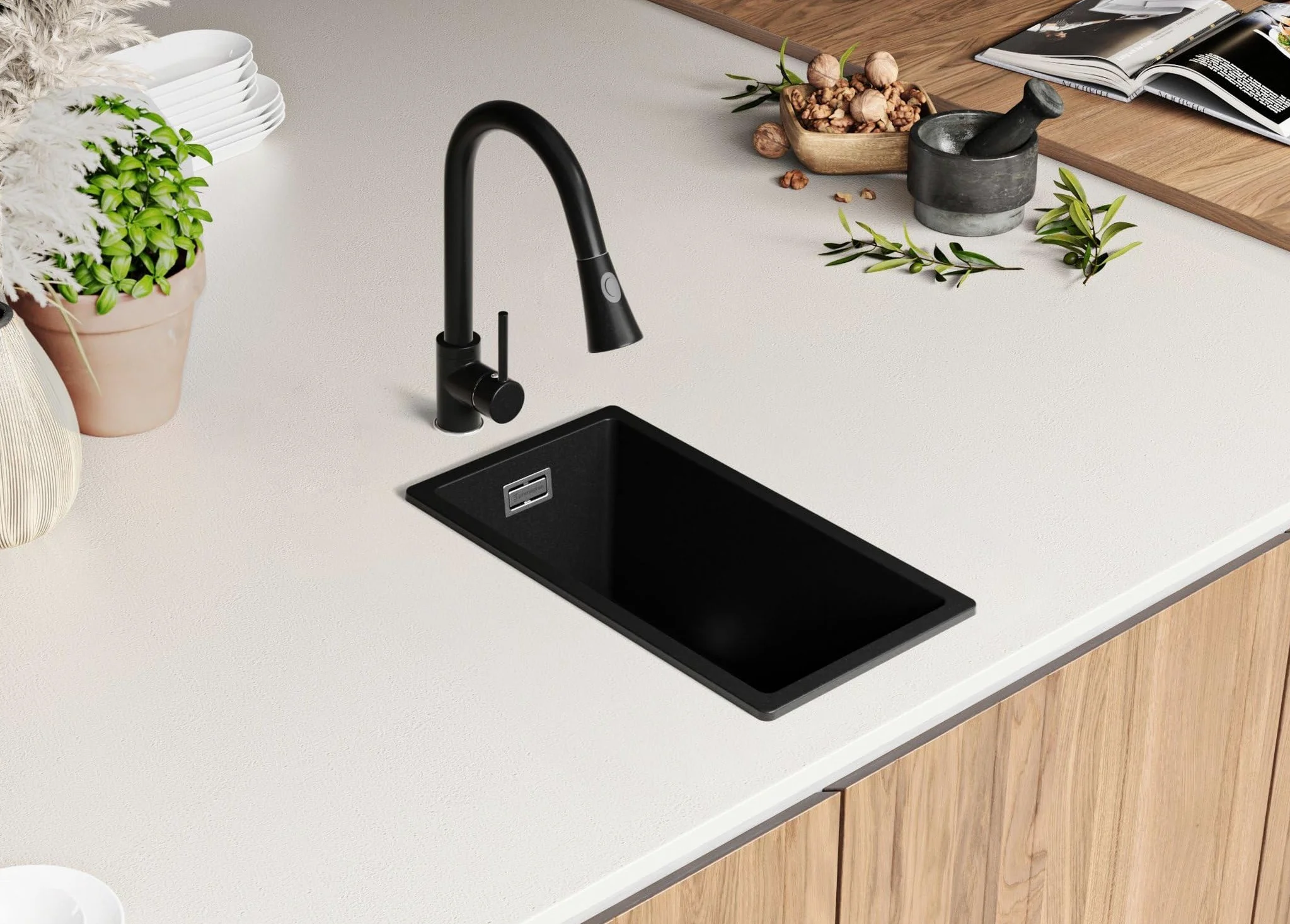 PRIMAGRAN Lavello da Cucina Nero 26x47cm, Lavandino in Granito a 1 vasca + Sifone Classico, Lavabo da Cucina Incasso al Mobile 30cm - London Slim S001