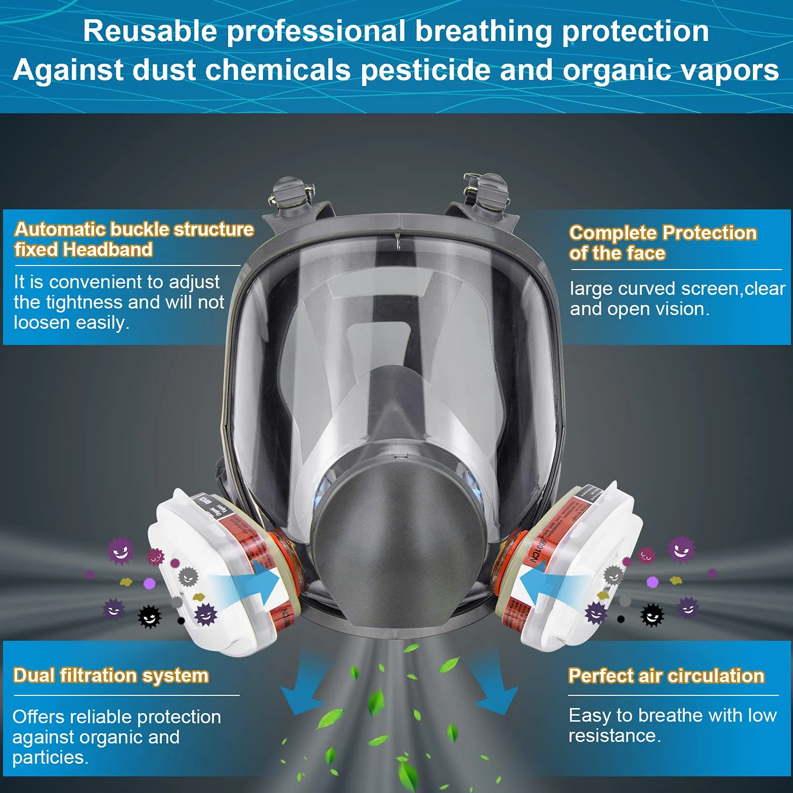 Maschera a protezione totale, maschera respiratoria, maschera protettiva riutilizzabile con filtro a carbone attivo per pittura, protegge da gas, vernice, polvere, prodotti chimici