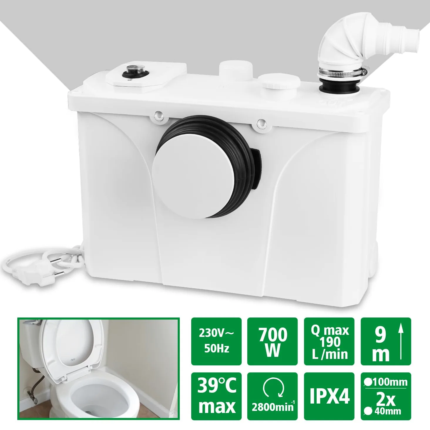 700W Trituratore Pompa Maceratore, pompa da per acque luride per WC, lavabo, doccia, 190L/min, con 4 ingressi, con lame in acciaio inox e carbone attivo