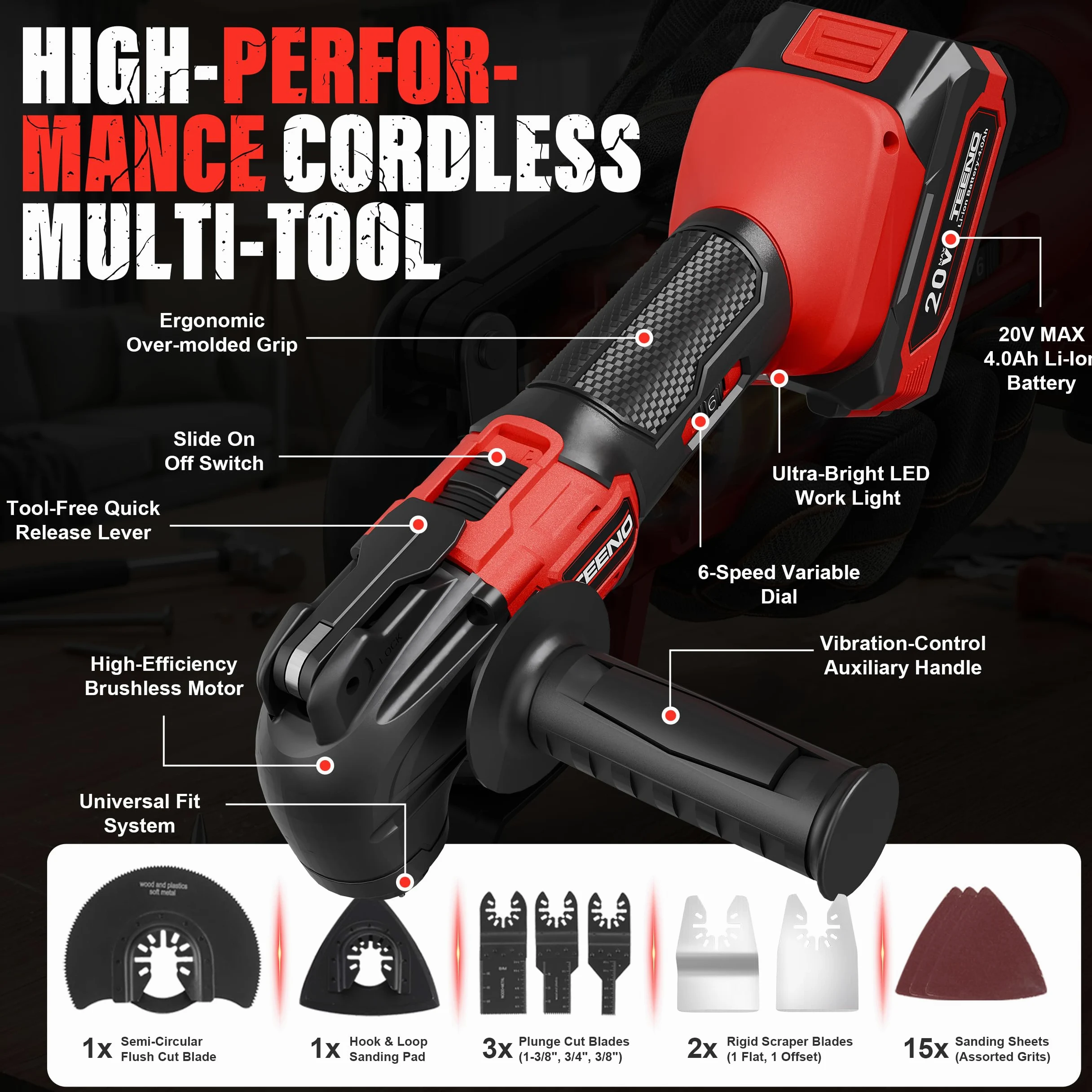Strumento multifunzione oscillante senza fili 20 V, Brushless Strumento multifunzione senza fili con 6 velocità, 2 x 4.0 A batterie, 8500-21000 giri/min, caricabatterie, angolo oscillante 4°, per