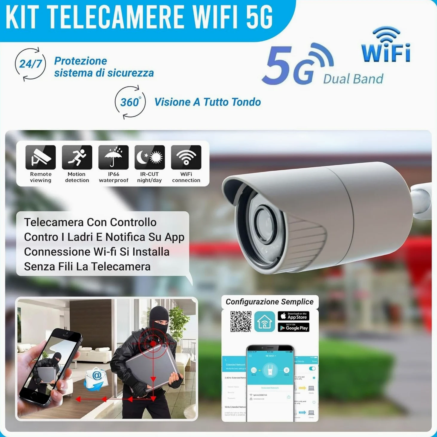 DE ROSA SHOP Kit Videosorveglianza Wireless, HD 4 Telecamere WiFi, Sistema IP Remoto con NVR, Supporto 5G e Connessione LAN, Sistema di Sorveglianza con Rivelazione Movimento.