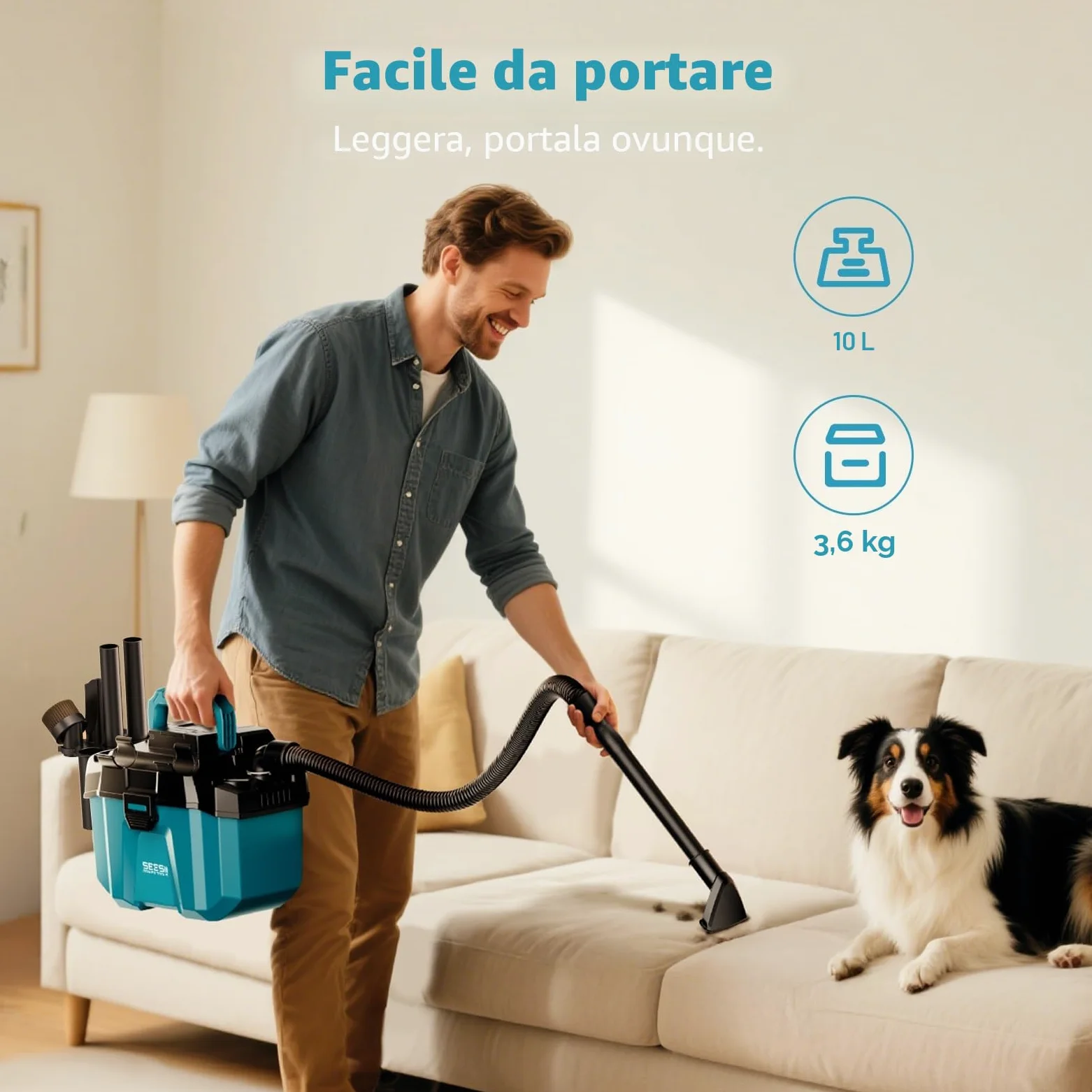 Seesii Aspiratutto Solidi e Liquidi, 2x4000mAh Batterie, 10L Aspirapolvere Bidone, 2 Velocità, Tracolla, 4 Ruote e Accessori, Ideale per Auto/Cantiere/Esterno/Casa (Blu)