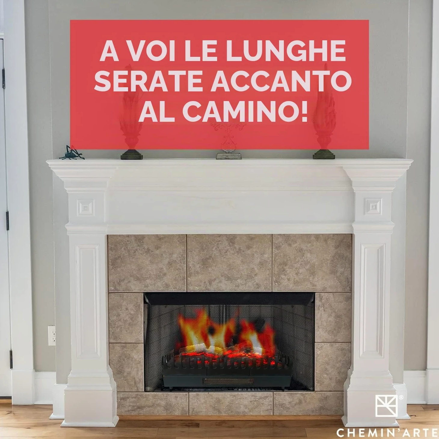 CHEMIN'ARTE Camino elettrico con Effetto Fiamma XL - LED - Legno Sintetico - 67 x 23 x 24 cm - Fuoco Elettrico - Riscalmento 2000W
