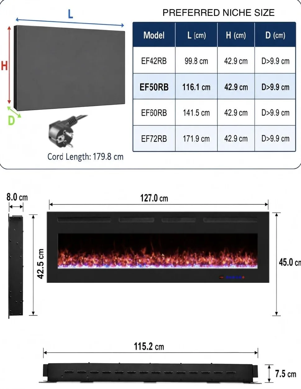 Camino Elettrico da Parete Weka Fireplace Wi-Fi, Ultrasottile, Profondo 7,5 cm, Vetro Temperato, Telecomando e Touch Screen, Riscaldatore da 750/1500 W, Effetto Fiamma Regolabile (127 cm WiFi New)