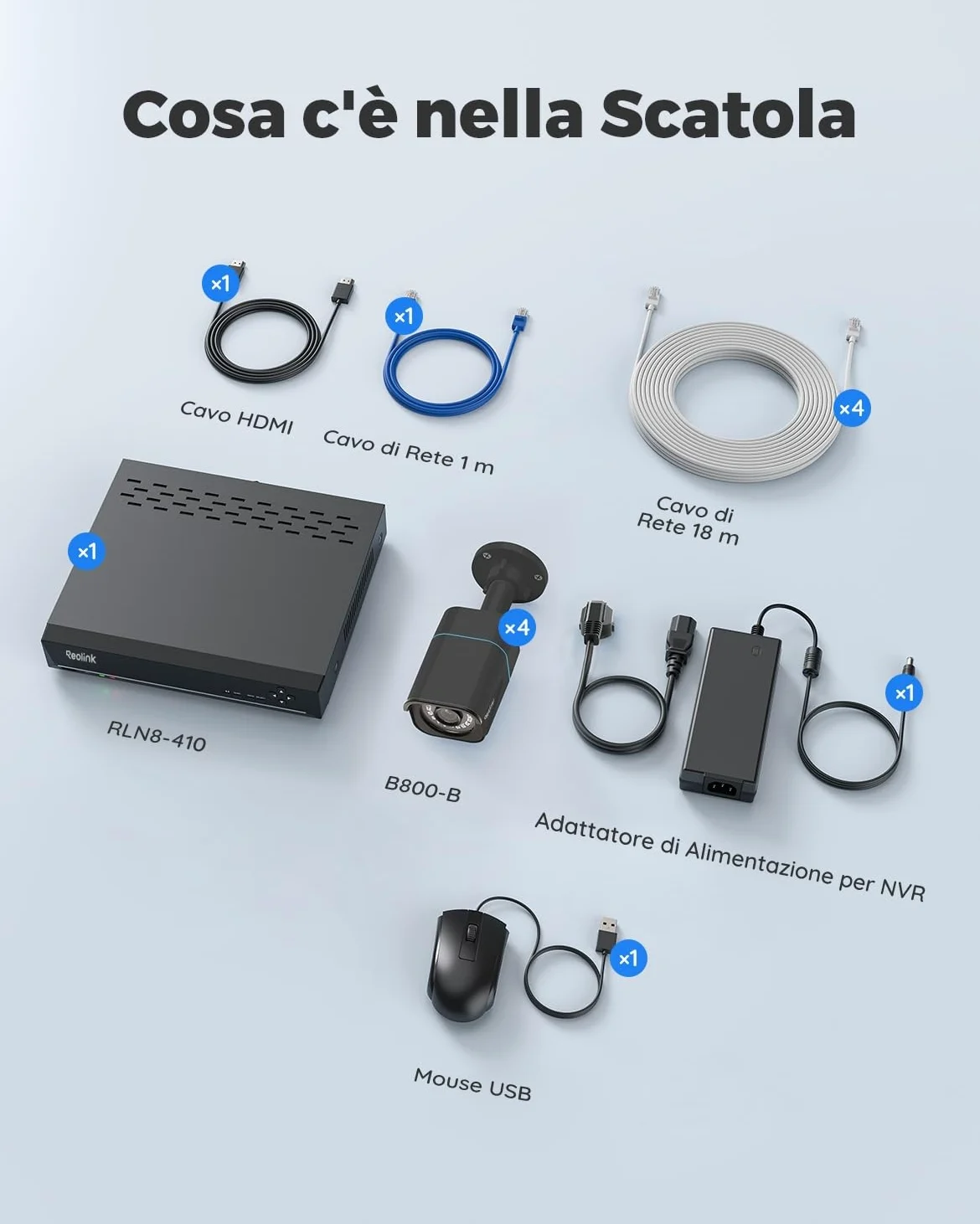 Reolink 4K PoE Kit Videosorveglianza Esterno, Rilevamento di Uomo/Veicolo, NVR 8CH 2TB + 4x Telecamere da Esterno, Visione Notturna Infrarossa, Espandibile a 16TB, Impermeabile IP67, RLK8-800B4 (Nero)