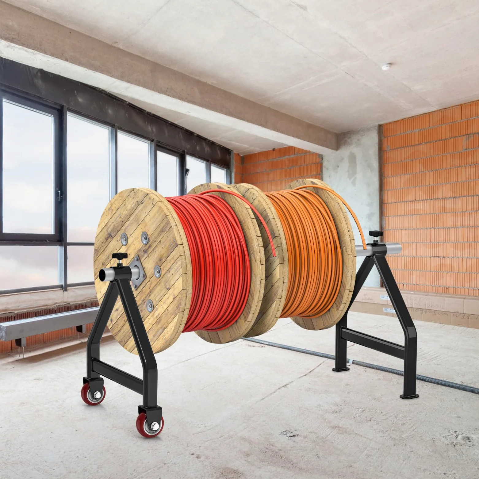 Porta bobine di filo, contenitore portatile per cavi, in acciaio completamente saldato, dispenser per bobine di diametro fino a 71 cm, capacità 99,8 kg, nero