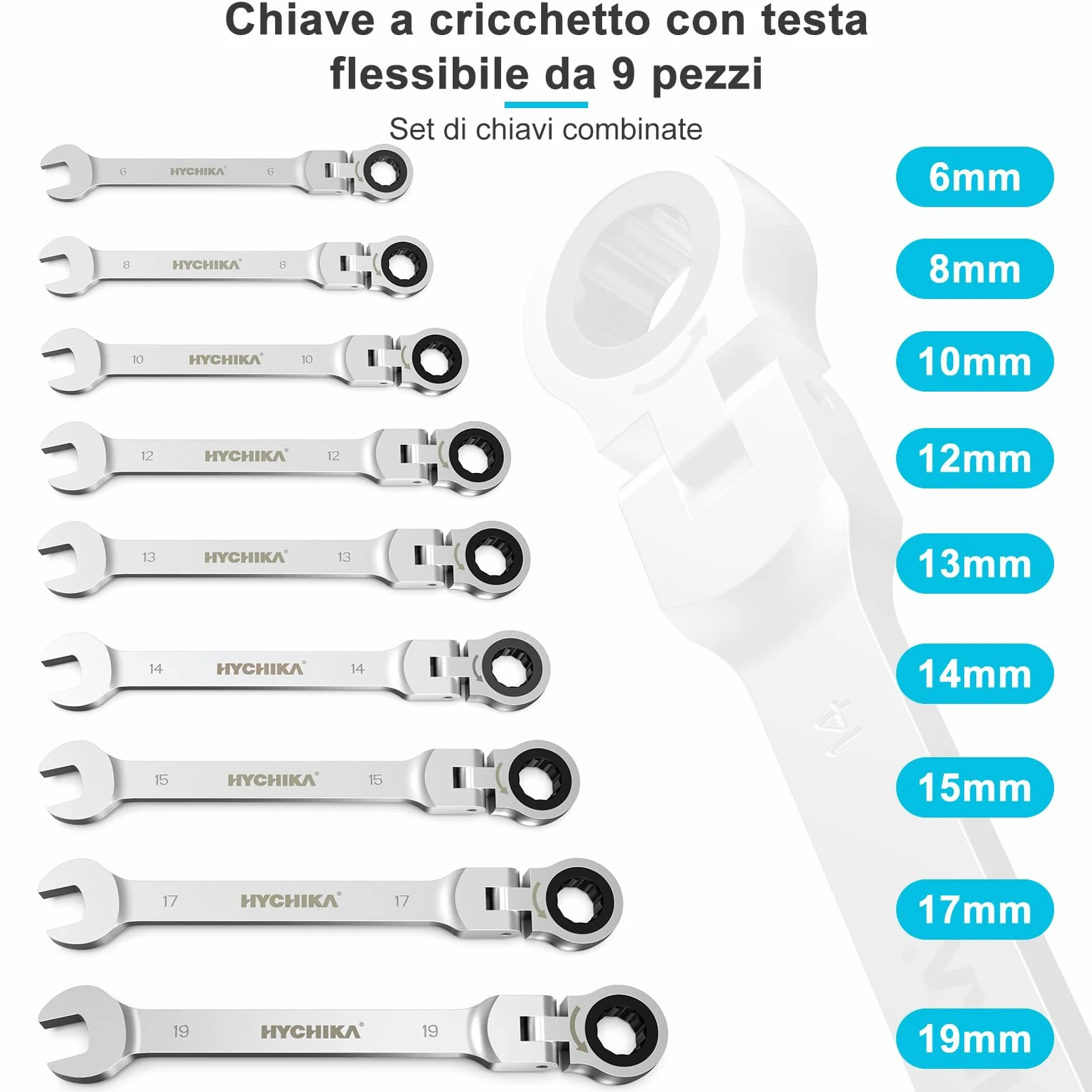HYCHIKA Set Chiavi Inglesi 6-19mm, 9Pcs Chiavi a Cricchetto con Custodia Portatile, Set Chiavi a Cricchetto per Fai da Te e Riparazione