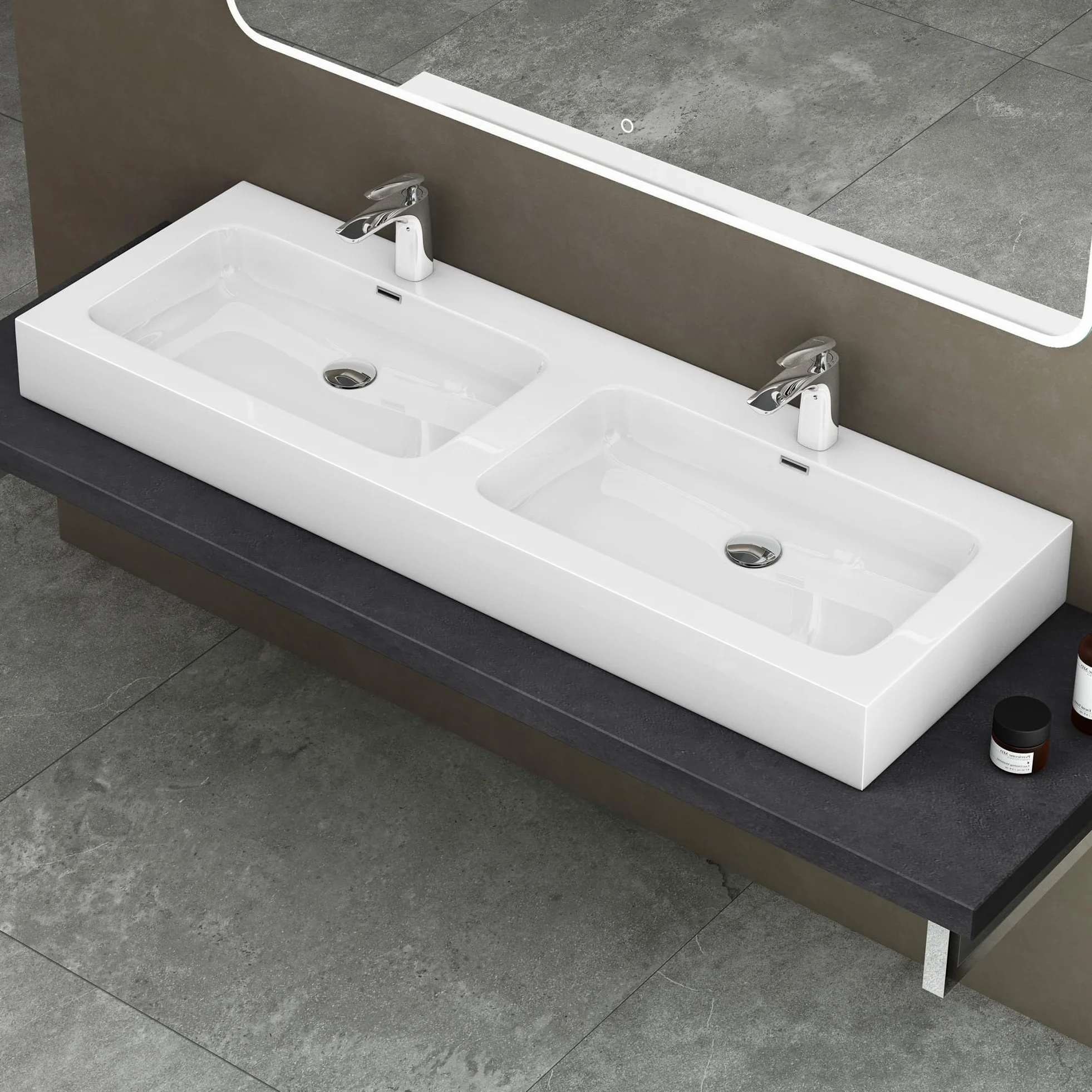 doporro Lavabo da Appoggio, Lavandino Bagno 140x48x13cm, Lavabo da Minerale Fuso Colossum830, due Fori per la Rubinetteria, Bianco Lucido