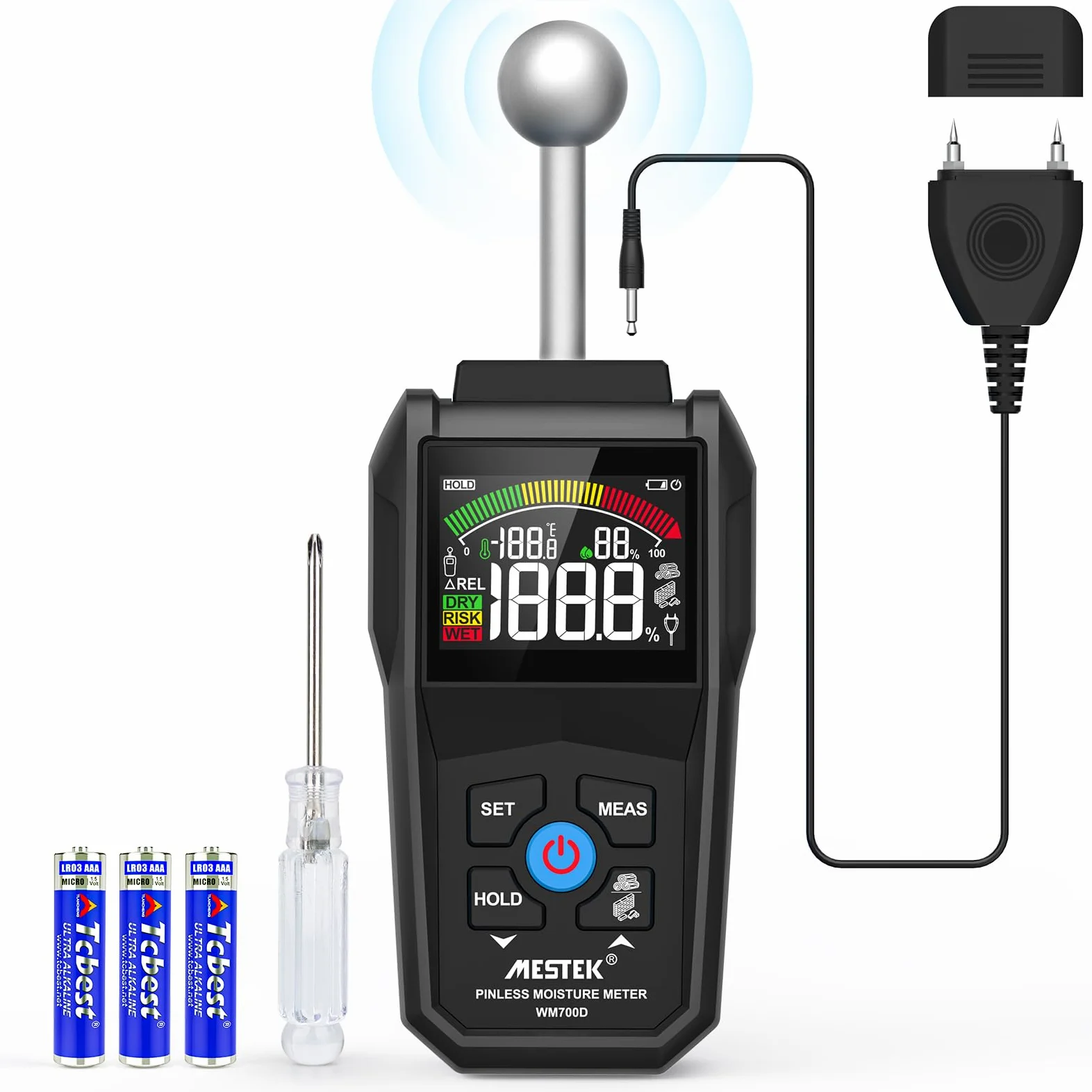 Misuratore di Umidità, MESTEK Igrometro,2 in 1 Misuratore Umidità Muri con LCD a Colori e Allarme Acustico, Profondità di Analisi 20-40 mm,per Legni, Parete, Pavimenti, Legno, Gesso