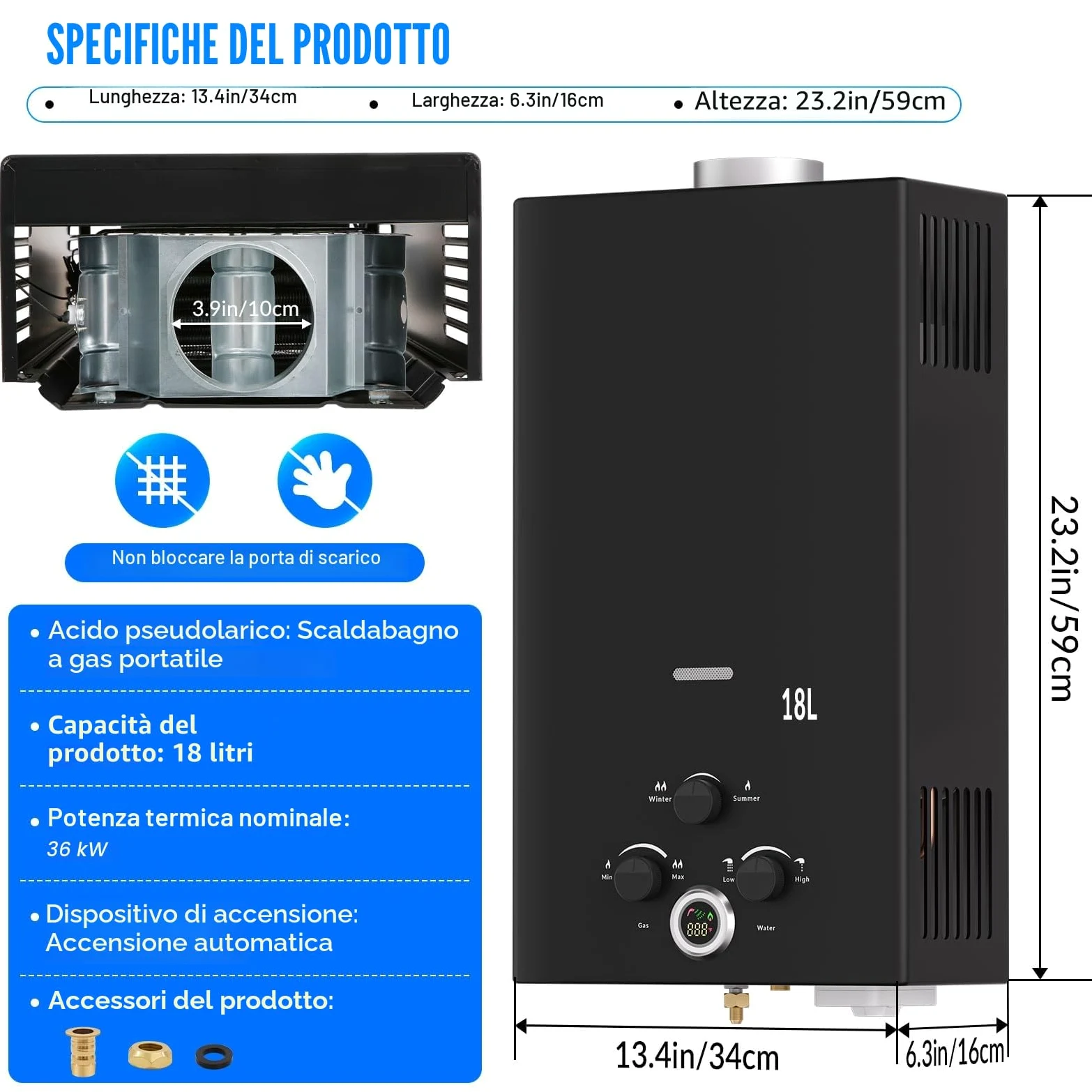 Scaldabagno a Gas 18L, All'aperto Portatile Scaldabagno Istantaneo a Propano Con Display Digitale Multi-Protezione Parete senza Serbatoio Scaldacqua Istantaneo Automatico, classe energetica A