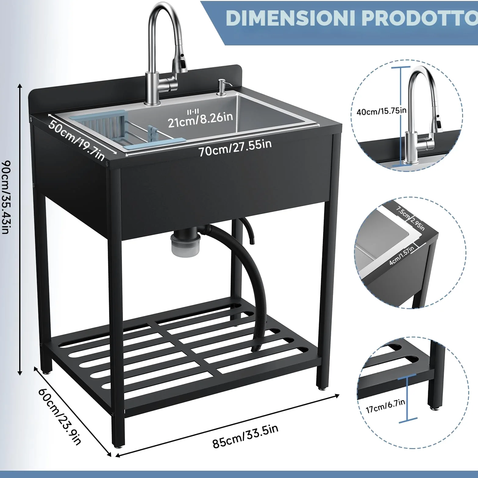 Lavandino autoportante in acciaio inox per esterni, lavello da cucina con scolapiatti e rubinetto estraibile e tubi dell'acqua calda e fredda, Kitchen Sink lavandino a mano per cucina, garage