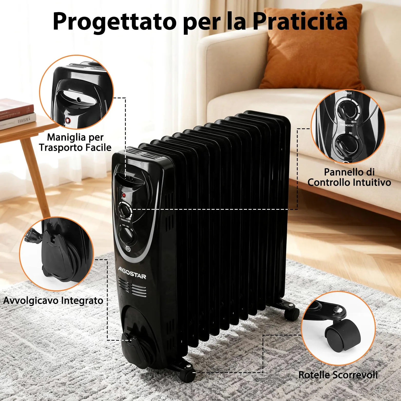 Aigostar Black Forest - Radiatore ad Olio 2500W, 13 Elementi Riscaldatore Elettrico Portatile, 3 Livelli di Calore, Termostato e Spegnimento Automatico di Sicurezza, Silenzioso, 55mq