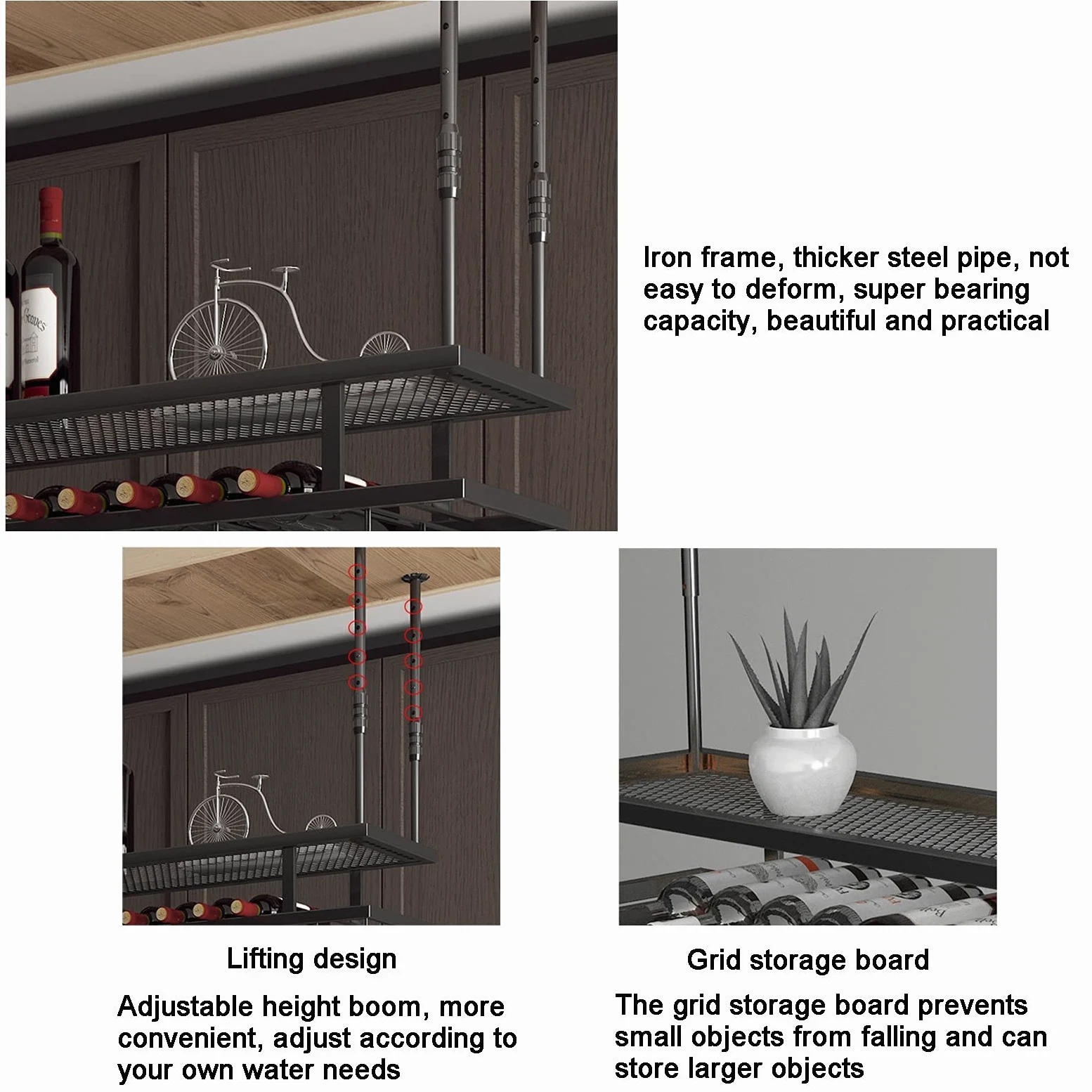 BTZHY Portabottiglie,Mensola da soffitto Industriale da Appendere con Supporto in Vetro, portabicchieri da Vino Regolabile da Bar a soffitto, mensola Galleggiante a 2 Livelli, per Esposizione, con