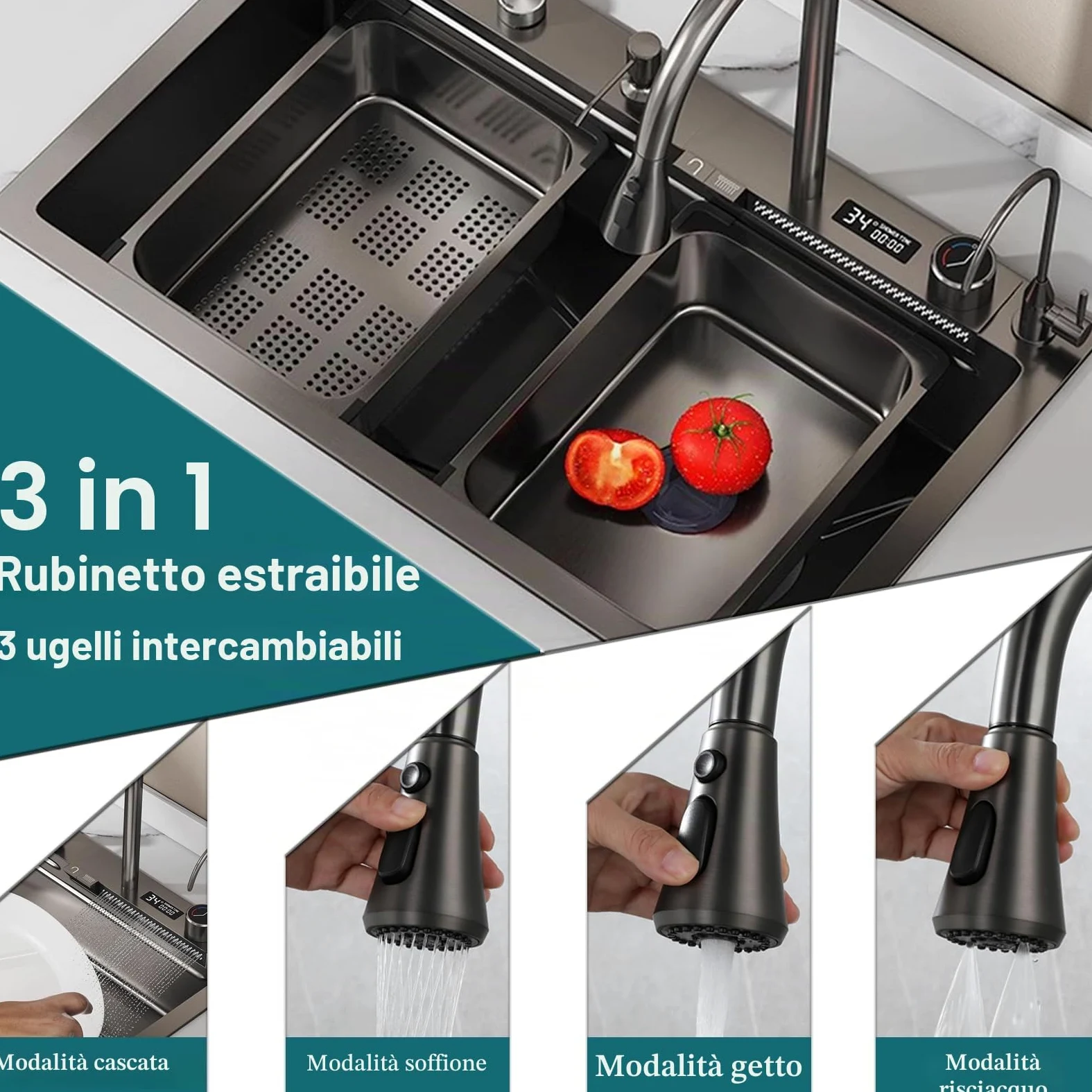Lavandino Cucina Nero Antracite 85 x 50 cm,Lavello Cucina 1 vasca con LED rubinetto estraibile,Multifunzione Cucina in acciaio inox,Lavabo Cucina con Sifone Antiodore e Kit Scarico Completo