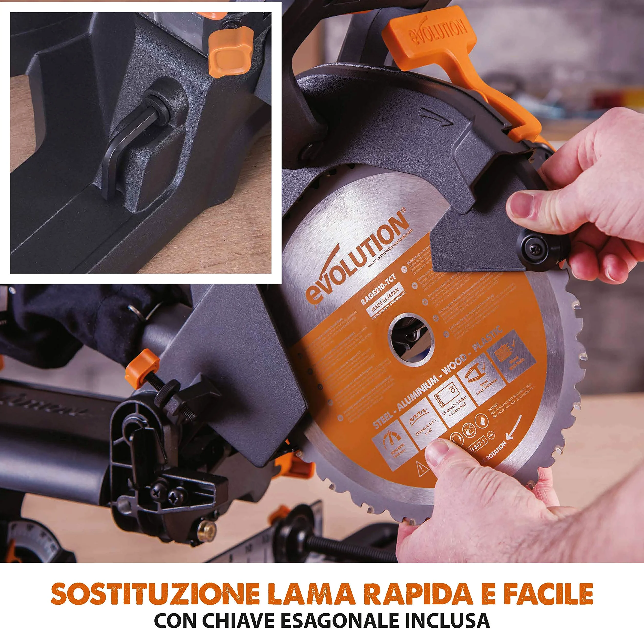 Evolution Power Tools 048-0032A R210SMS-300+ Troncatrice Radiale Scorrevole Multi-Materiale 210 mm con Pacchetto Plus, 230 V