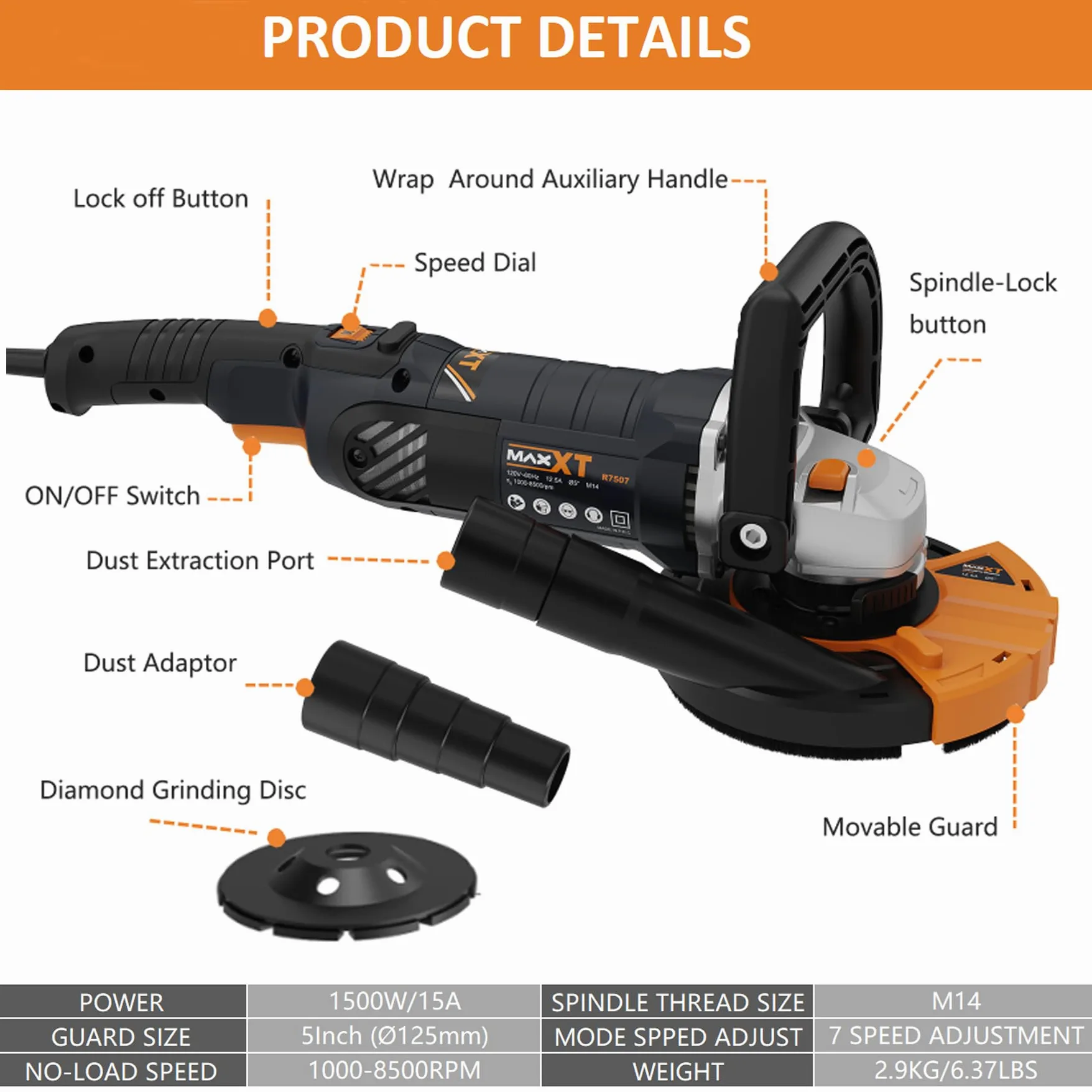Levigatrice per Cemento 1500W, MAXXT Smerigliatrice per calcestruzzo 1000-8500RPM 7 Velocità Regolabili, Levigatrice per Calcestruzzo con Protezione Rimovibile（Include due dischi abrasivi al diamante）