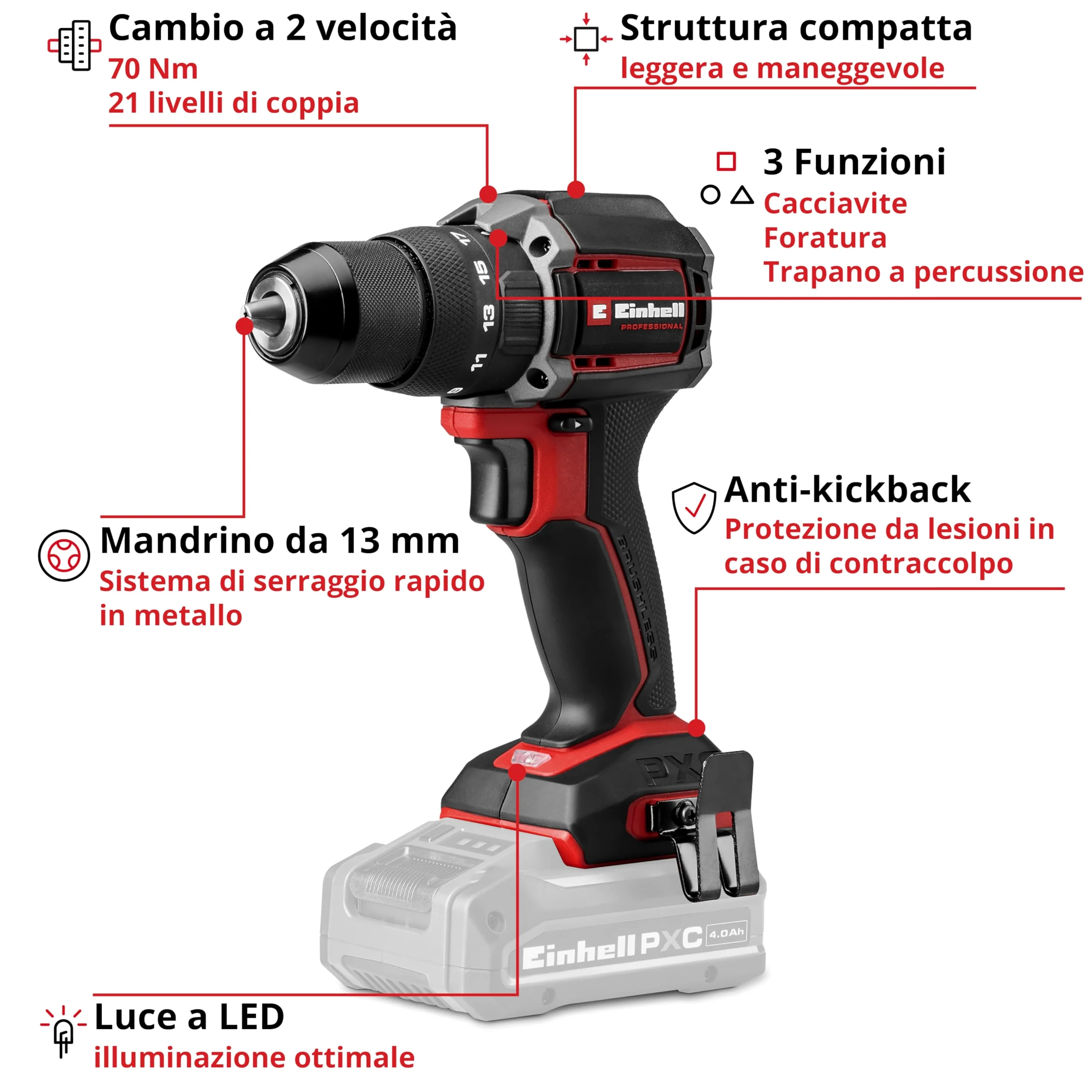 Einhell Professional trapano a percussione a batteria TP-CD 18/70-C Li-i BL - Solo Power X-Change (18 V, Brushless, 70 Nm, anti-kickback, mandrino 13 mm, senza batteria)