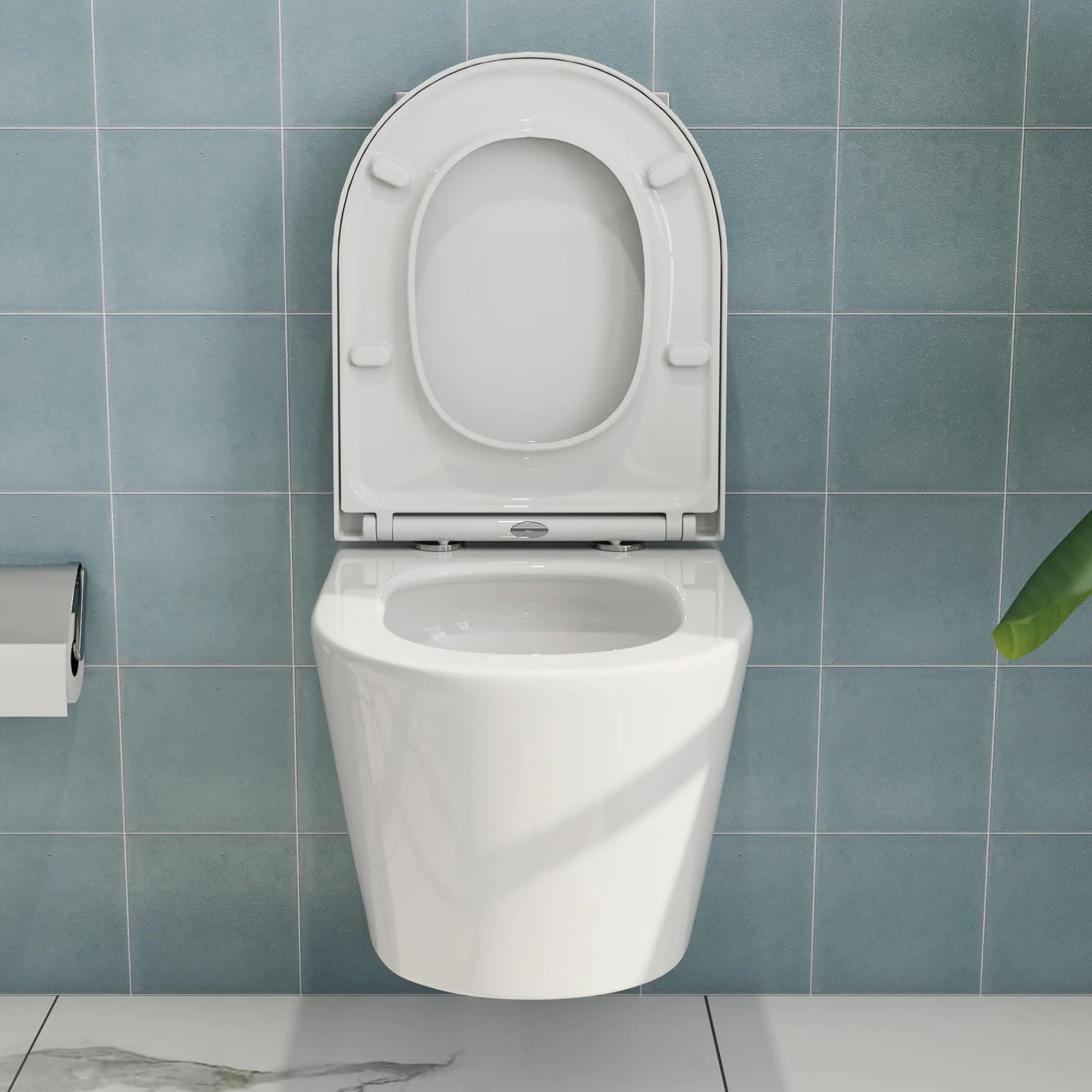 HOROW WC senza bordi con coperchio per WC, WC sospeso in ceramica, set di servizi igienici moderni, lunghezza 539 mm
